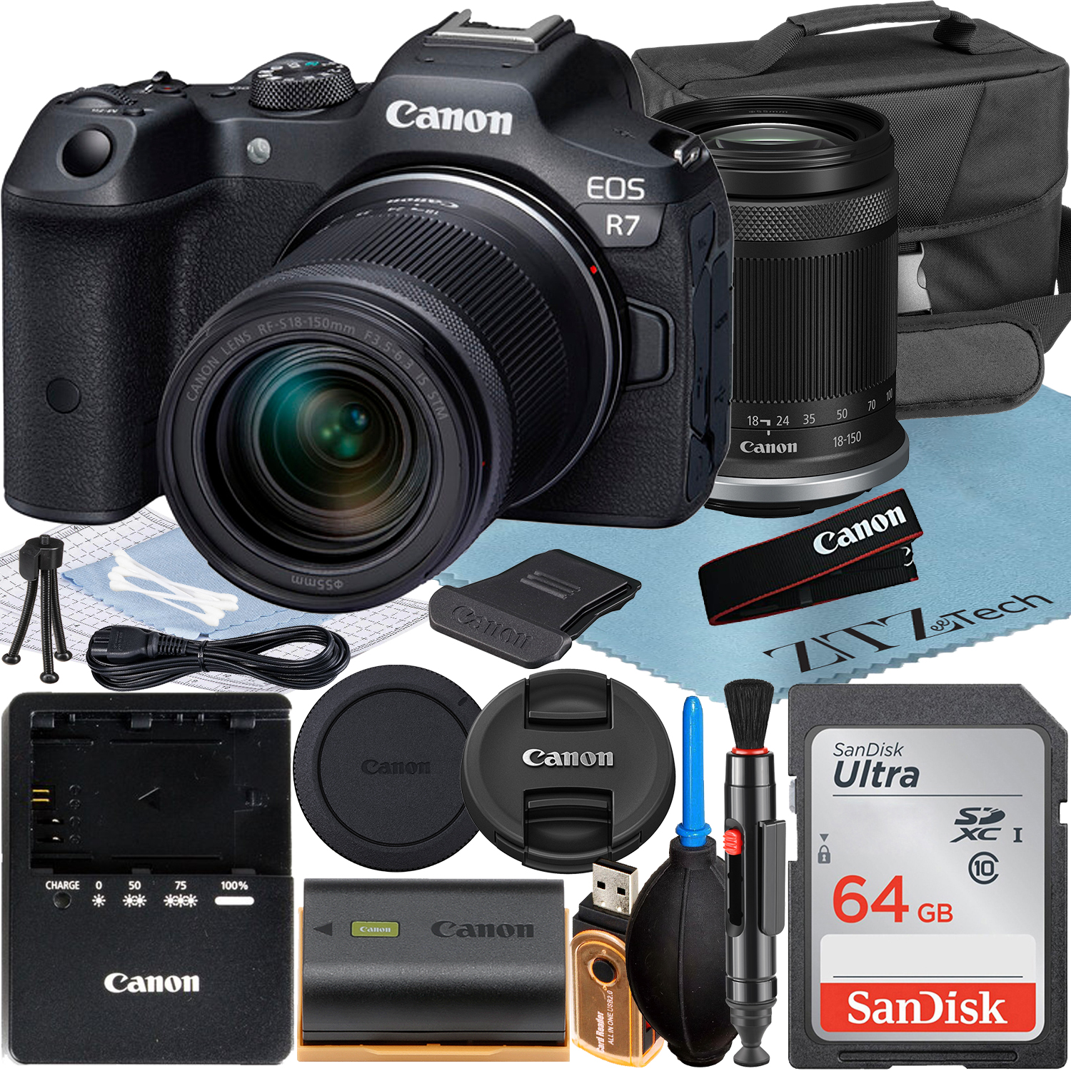 Canon EOS R7 Mirrorless Camera with RF-S 18-150mm Lens + SanDisk 64GB Memory Card + Case + ZeeTech Accessory Bundle