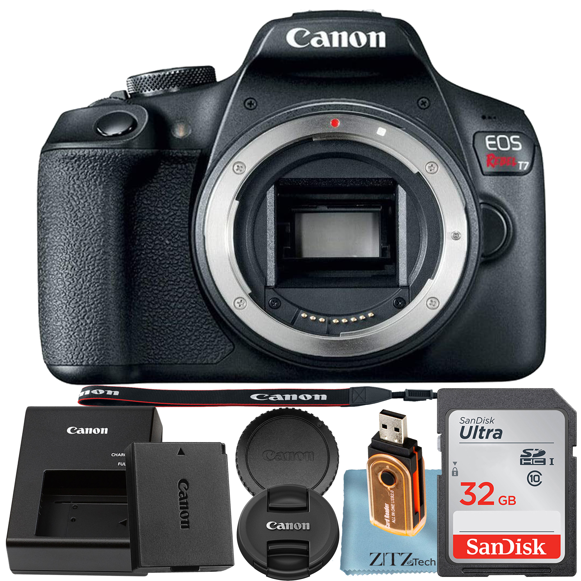 Canon EOS Rebel T7 DSLR Camera (Body Only) 24.1MP CMOS Sensor with SanDisk 32GB Memory Card + ZeeTech Accessory Bundle