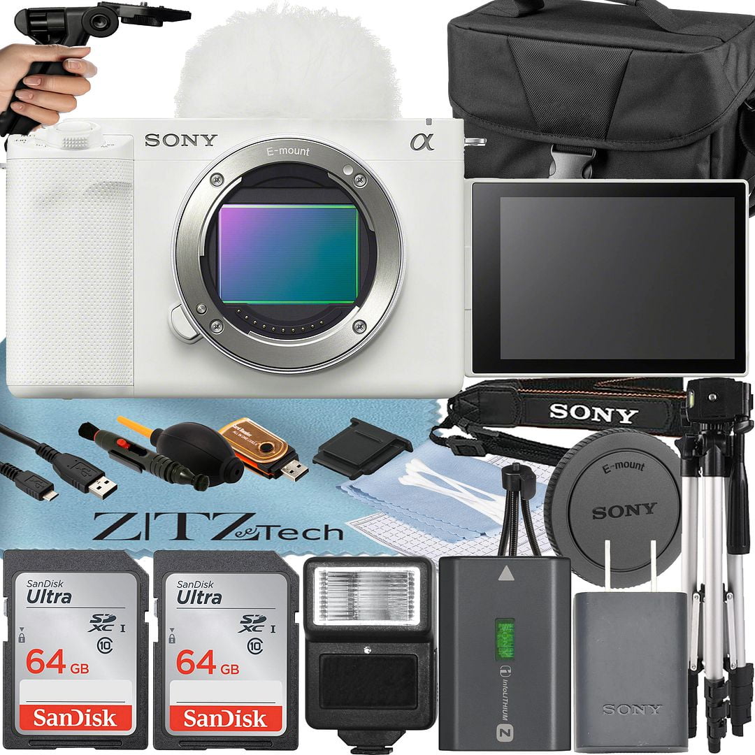 Sony ZV-E1 Mirrorless Camera White (Body Only) with 2 Pack SanDisk 64GB Card + Case + Tripod + Flash + ZeeTech Accessory Bundle