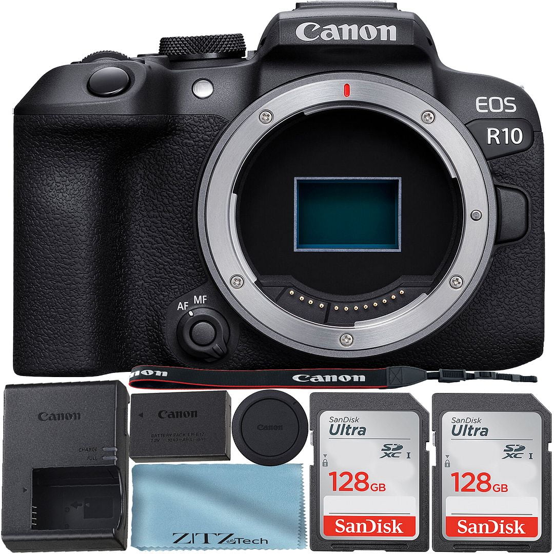 Canon EOS R10 Mirrorless Camera (Body Only) Vlogging 4K Video with 2 Pack SanDisk 128GB Memory Card + ZeeTech Accessory Bundle