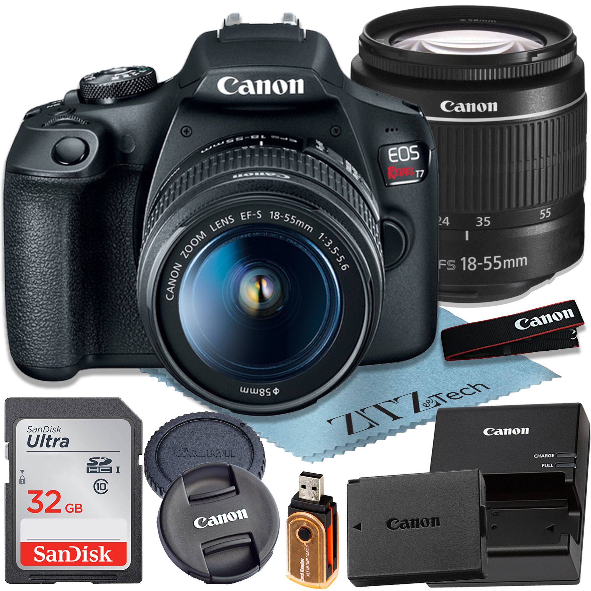 Canon EOS Rebel T7 Digital SLR Camera 24.1MP with EF-S 18-55mm Lens + SanDisk 32GB Memory Card + ZeeTech Accessory Bundle