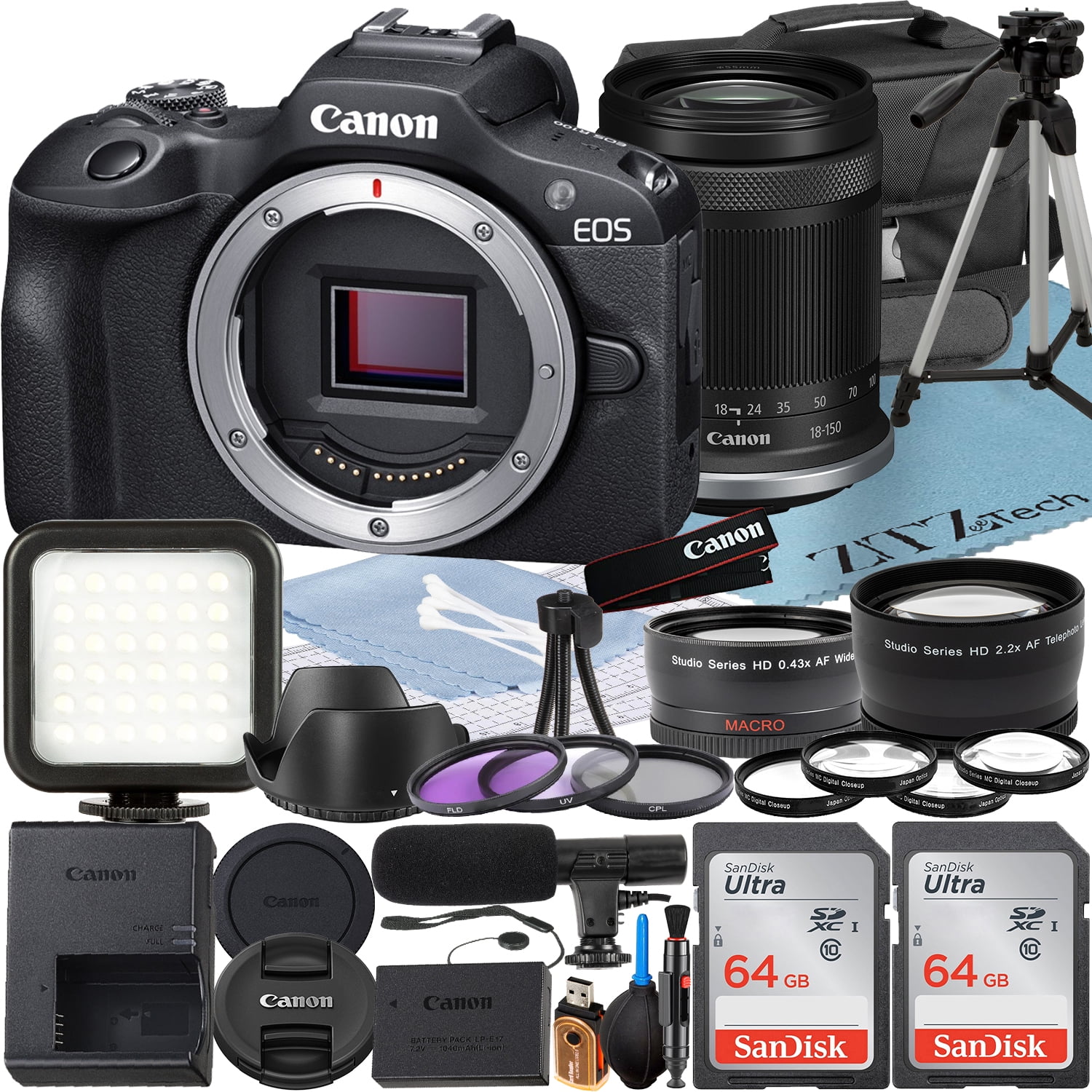 Canon EOS R100 Mirrorless Camera with RF-S 18-150mm Lens + 2 Pack SanDisk 64GB Memory Card + Case + ZeeTech Accessory