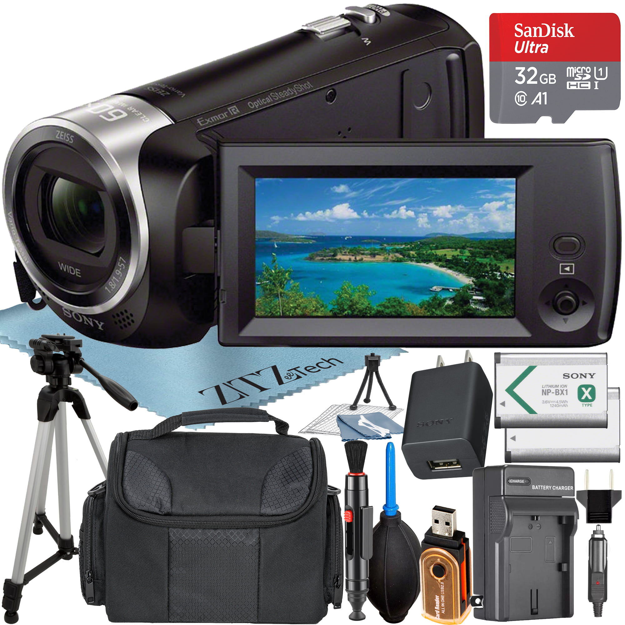 Sony HDR-CX405 HD Handycam Camcorder Video Recording with 32GB Micro SD Memory Card + Charger + Case + Tripod + ZeeTech Accessory Bundle
