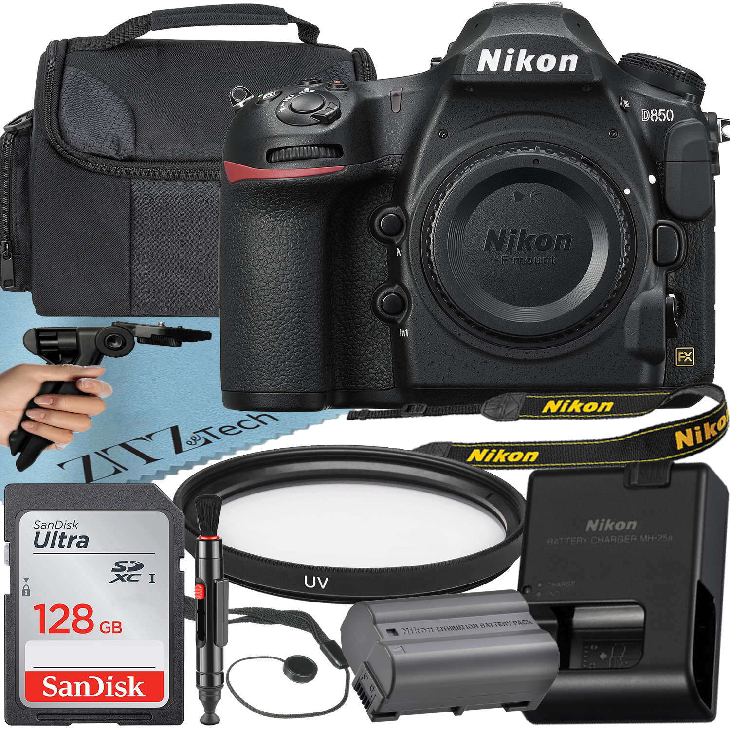 Nikon D850 DSLR Camera (Body Only) with 45.7MP FX-Format BSI CMOS Sensor + SanDisk 128GB Memory Card + ZeeTech Accessory Bundle