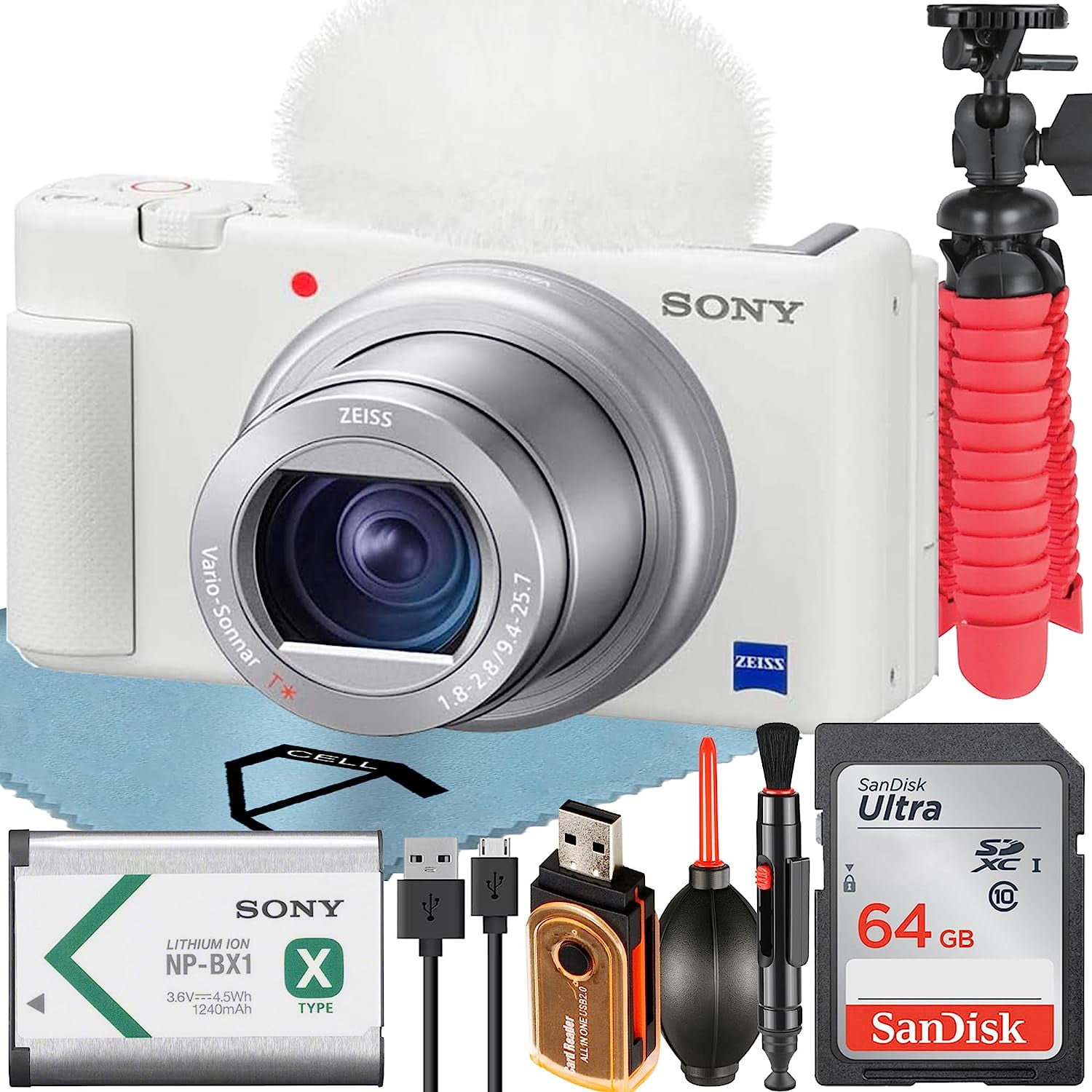 Sony ZV-1 Compact Digital Camera For Content Creators 4K HDR Video with Wind Screen + 64GB Memory Card + Tripod + ZeeTech Accessory Bundle (White)