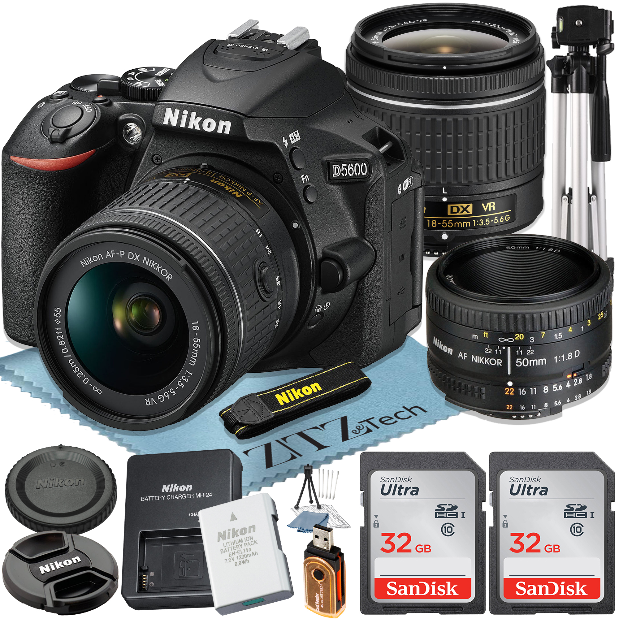 Nikon D5600 DSLR Camera 24.2MP with 18-55mm + AF FX 50mm Lens + 2 Pcs SanDisk 34GB Memory Card + ZeeTech Accessory Bundle