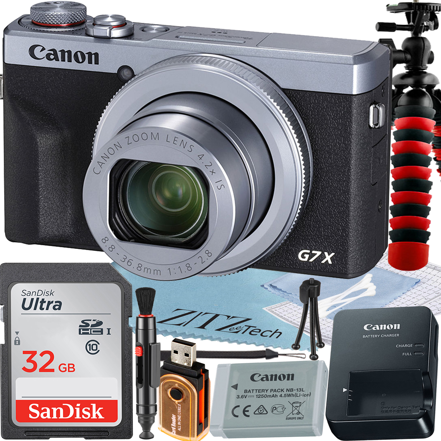 Canon PowerShot G7 X Mark III Digital Camera (Silver) with 4.2x Optical Zoom Lens + SanDisk 32GB Memory Card + Tripod + ZeeTech Basic Bundle
