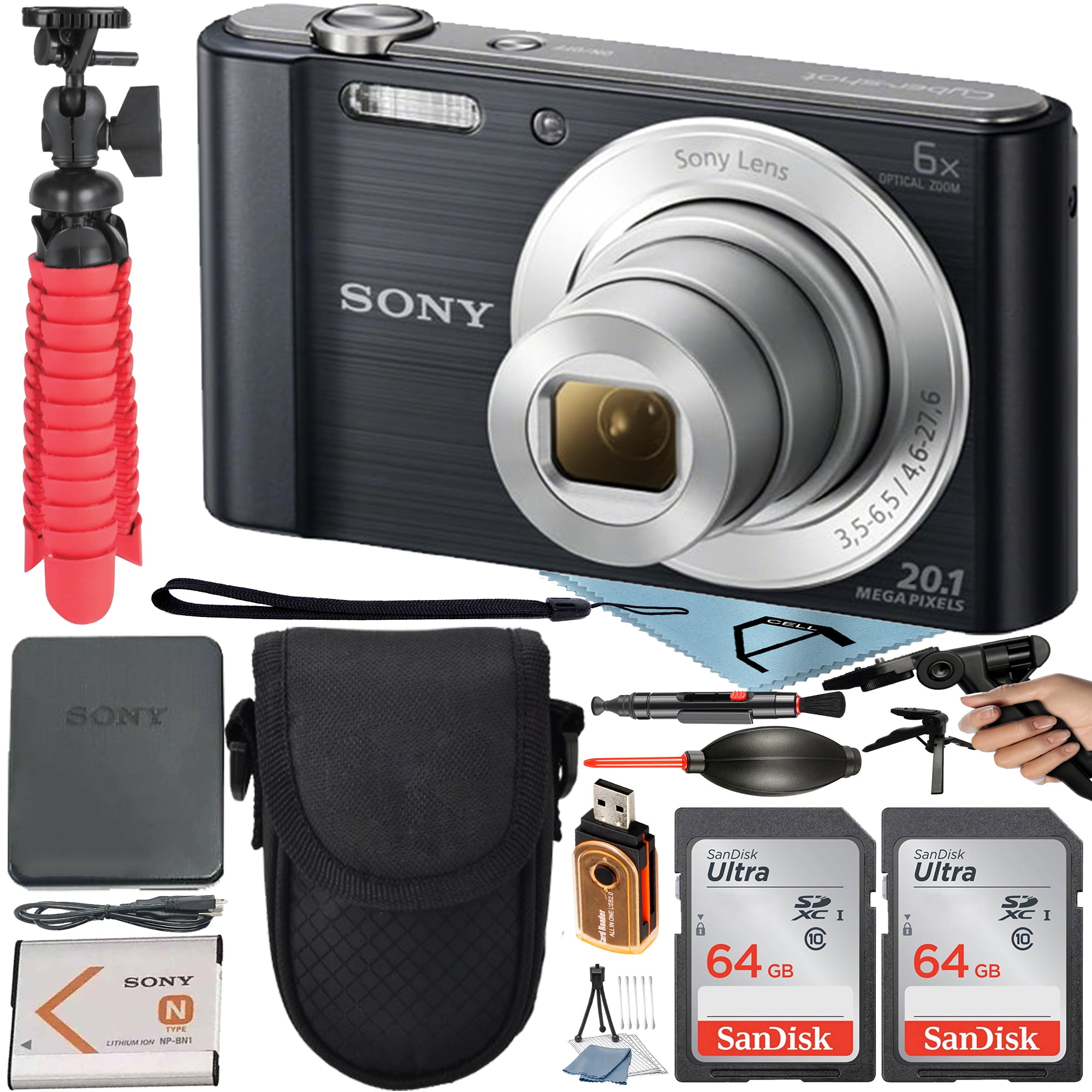 Sony Cyber-Shot DSC-W810 Digital Camera 20.1 MP CCD Sensor with Optical 6X Zoom Lens + 2 Pack SanDisk 64GB Memory Card + Case + Pistol Grip + Tripod + ZeeTech Accessory Bundle (Black)