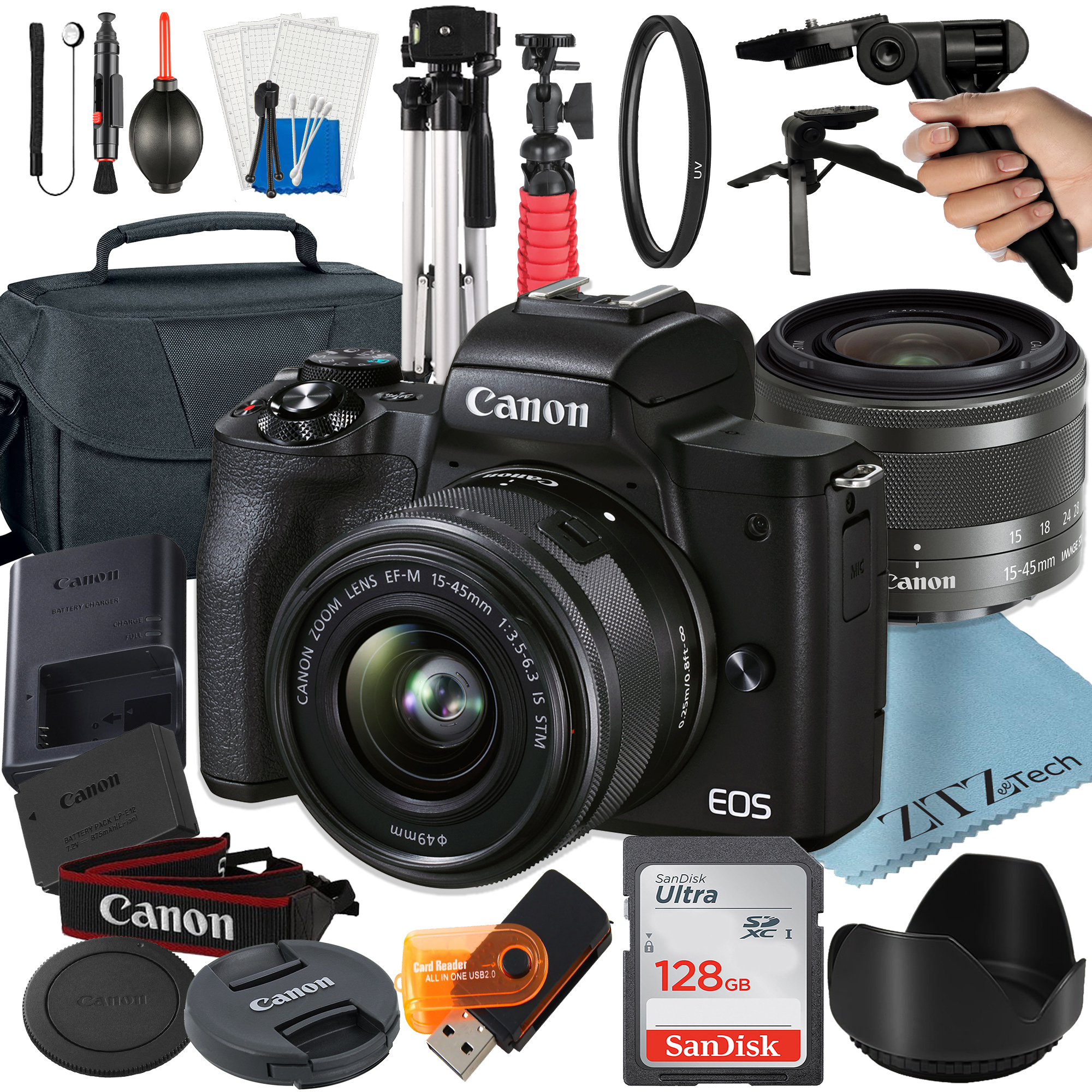 Canon EOS M50 Mark II Mirrorless Camera with 15-45mm Lens + 128GB SanDisk Card + Case + Tripod + ZeeTech Accessory