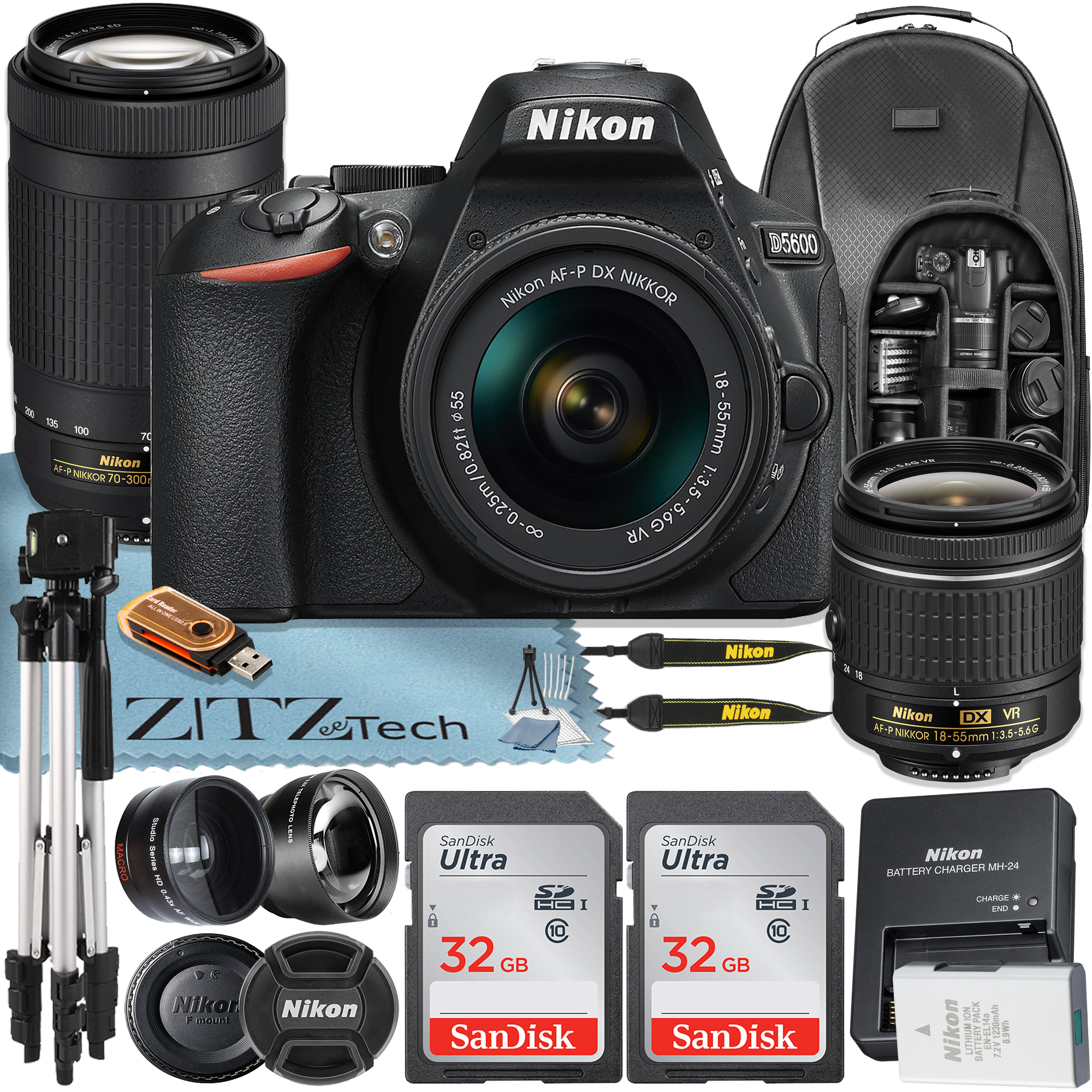 Nikon D5600 DSLR Camera 24.2MP DX-Format with 18-55mm + 70-300mm Lens + SanDisk 32GB Memory Card + Tripod + Backpack + ZeeTech Accessory Bundle