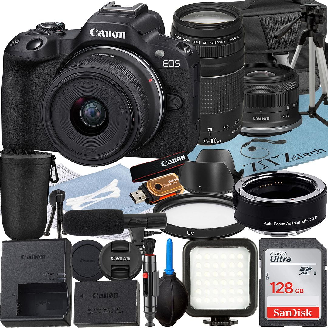 Canon EOS R50 Mirrorless Camera with RF-S 18-45mm + EF 75-300mm Lens + Mount Adapter + SanDisk 128GB Memory Card + Case + LED Flash + ZeeTech Accessory Bundle