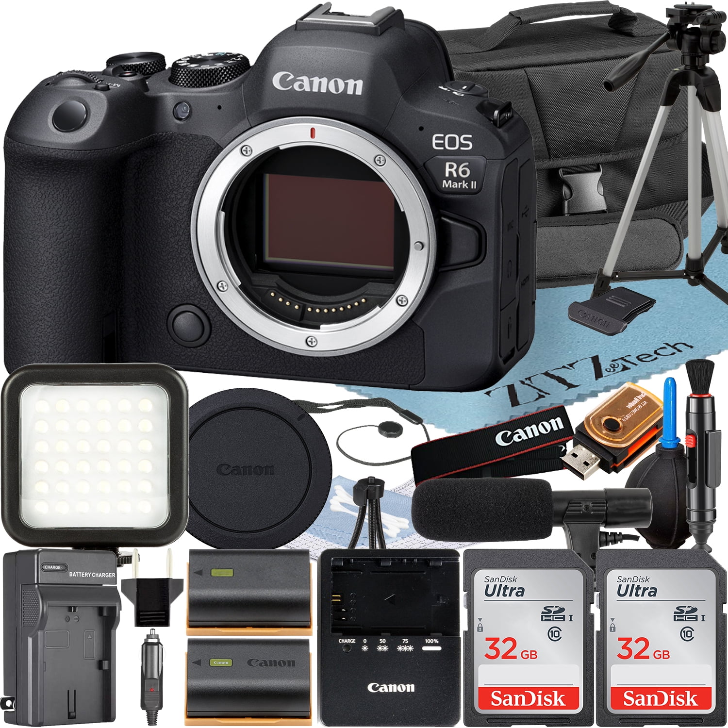 Canon EOS R6 Mark II Mirrorless Camera (Body) with 2 Pack SanDisk 32GB Memory Card + Case + ZeeTech Accessory Bundle