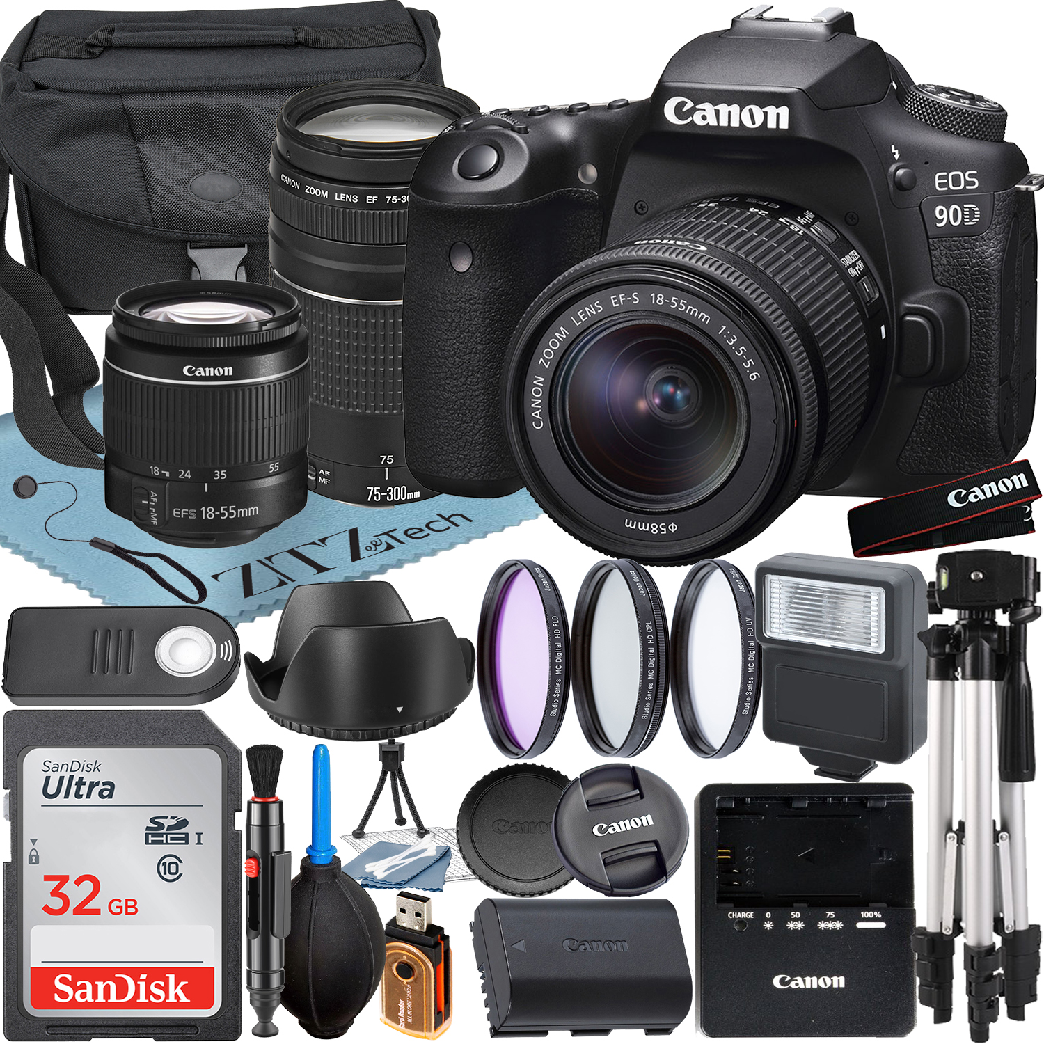 Canon EOS 90D DSLR Camera with 18-55mm + 75-300mm Lens + SanDisk 32GB Card + Case + 3 Pieces Filter + Flash + ZeeTech Accessory Bundle