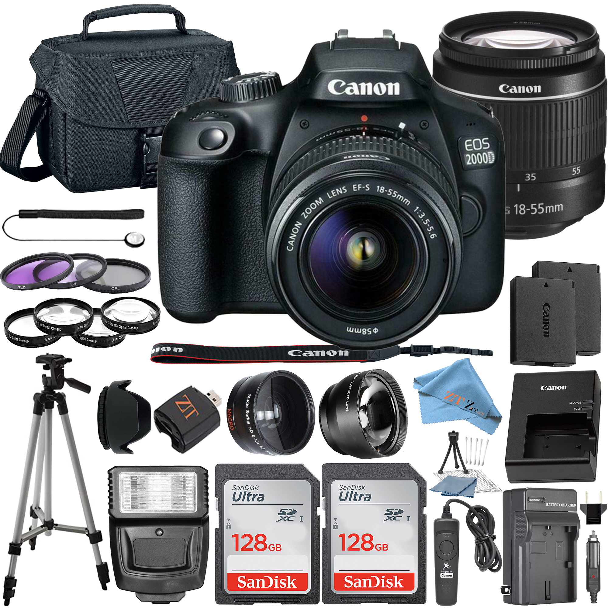 Canon EOS 2000D / Rebel T7 DSLR Camera with 18-55mm Lens + 2 Pcs SanDisk 128GB Memory + Tripod + Case + ZeeTech Kit
