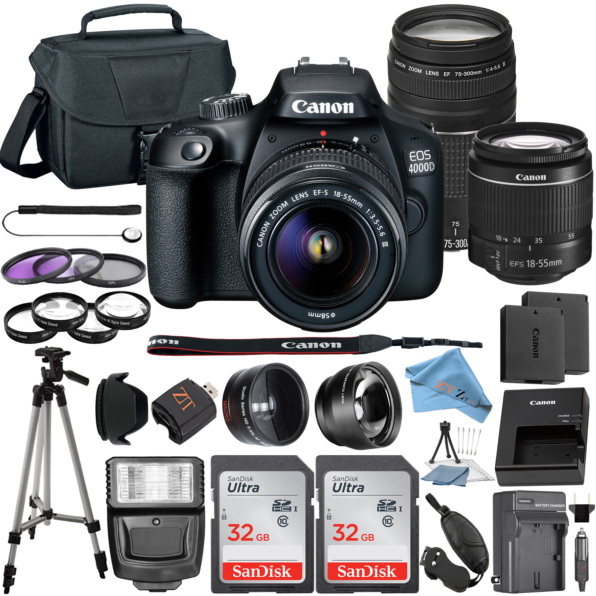 Canon EOS 4000D / Rebel T100 DSLR Camera with 18-55mm + 75-300mm Lens + 2 Pcs SanDisk 32GB Cards + Case + Tripod + ZeeTech Accessory