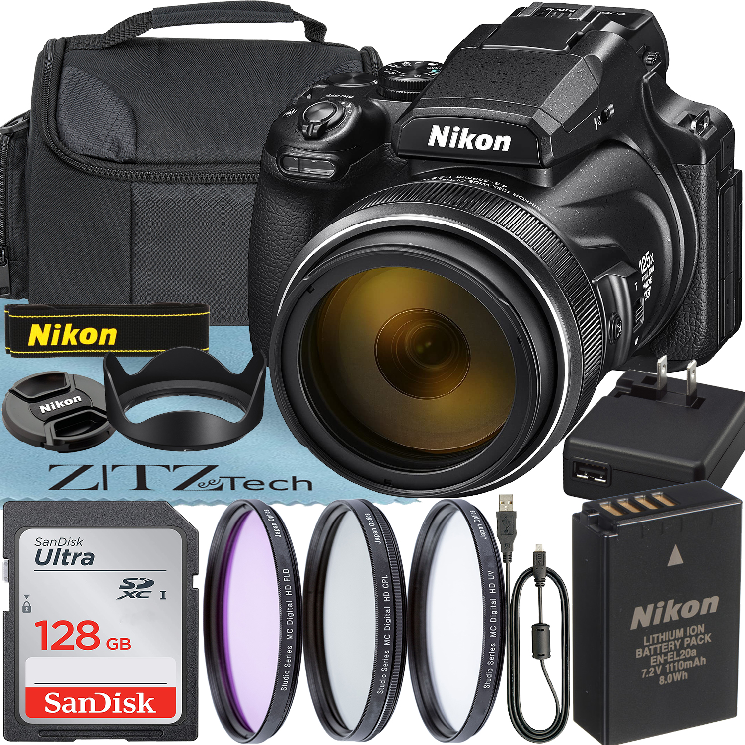 Nikon COOLPIX P1000 Digital Camera with 125x Optical Lens + SanDisk 128GB Memory Card + Case + ZeeTech Basic Bundle