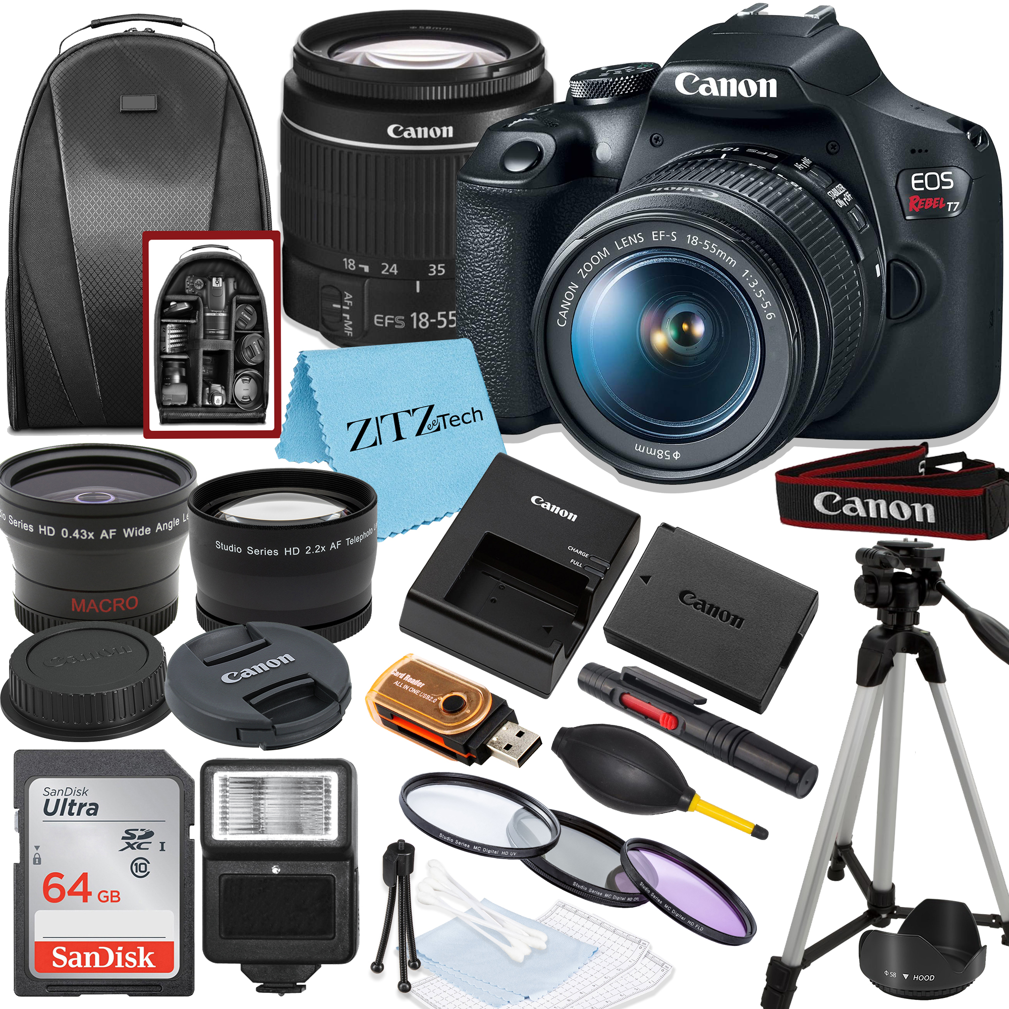 Canon EOS Rebel T7 DSLR Camera Bundle with 18-55mm Zoom Lens, SanDisk 64GB Memory Card, Tripod, Backpack and ZeeTech Accessory