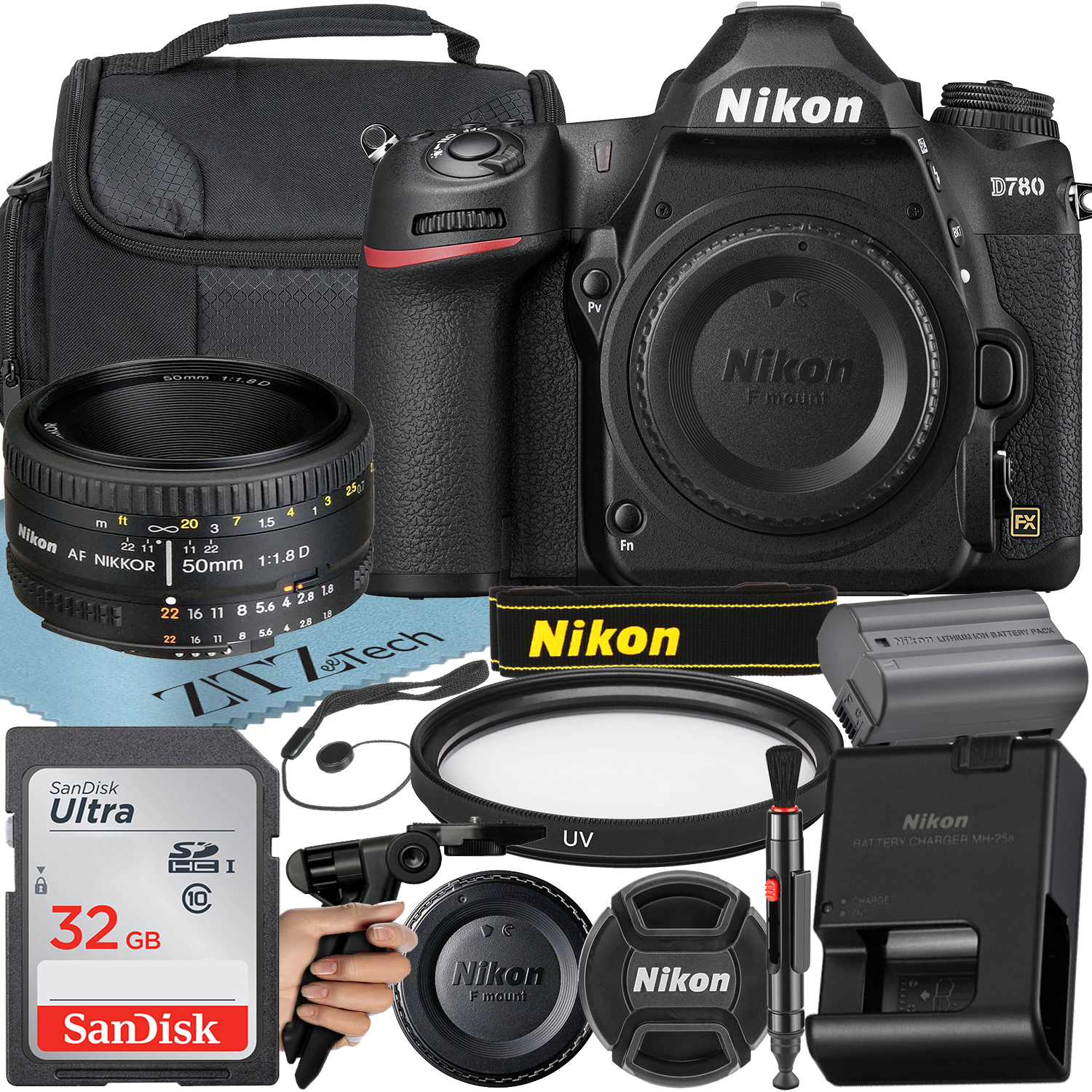 Nikon D780 DSLR Camera with AF NIKKOR 50mm f/1.8D Lens + SanDisk 32GB Memory Card + ZeeTech Accessory Bundle