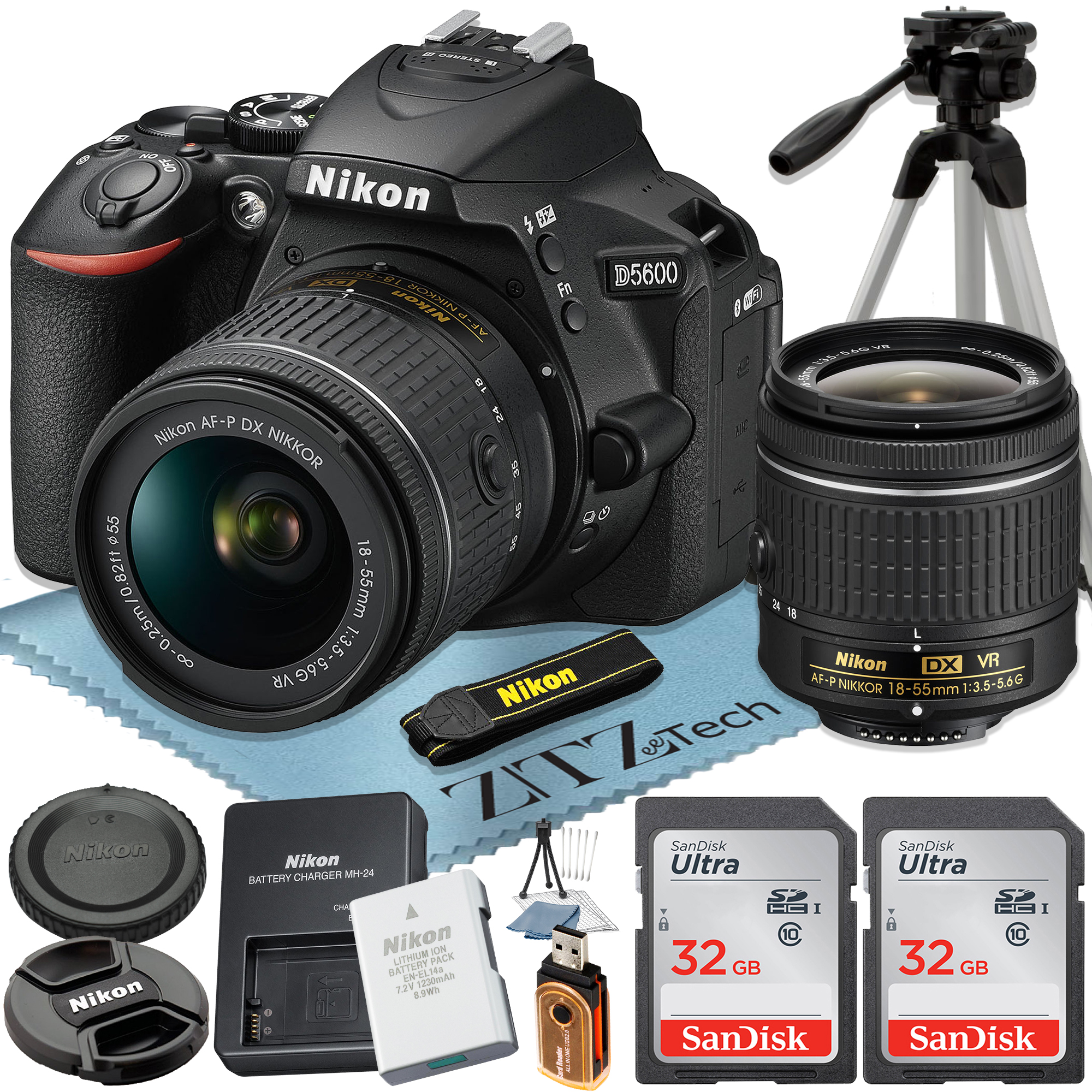 Nikon D5600 DSLR Camera 24.2MP with 18-55mm Lens + 2 Pcs SanDisk 32GB Memory Card + Tripod + ZeeTech Accessory Bundle