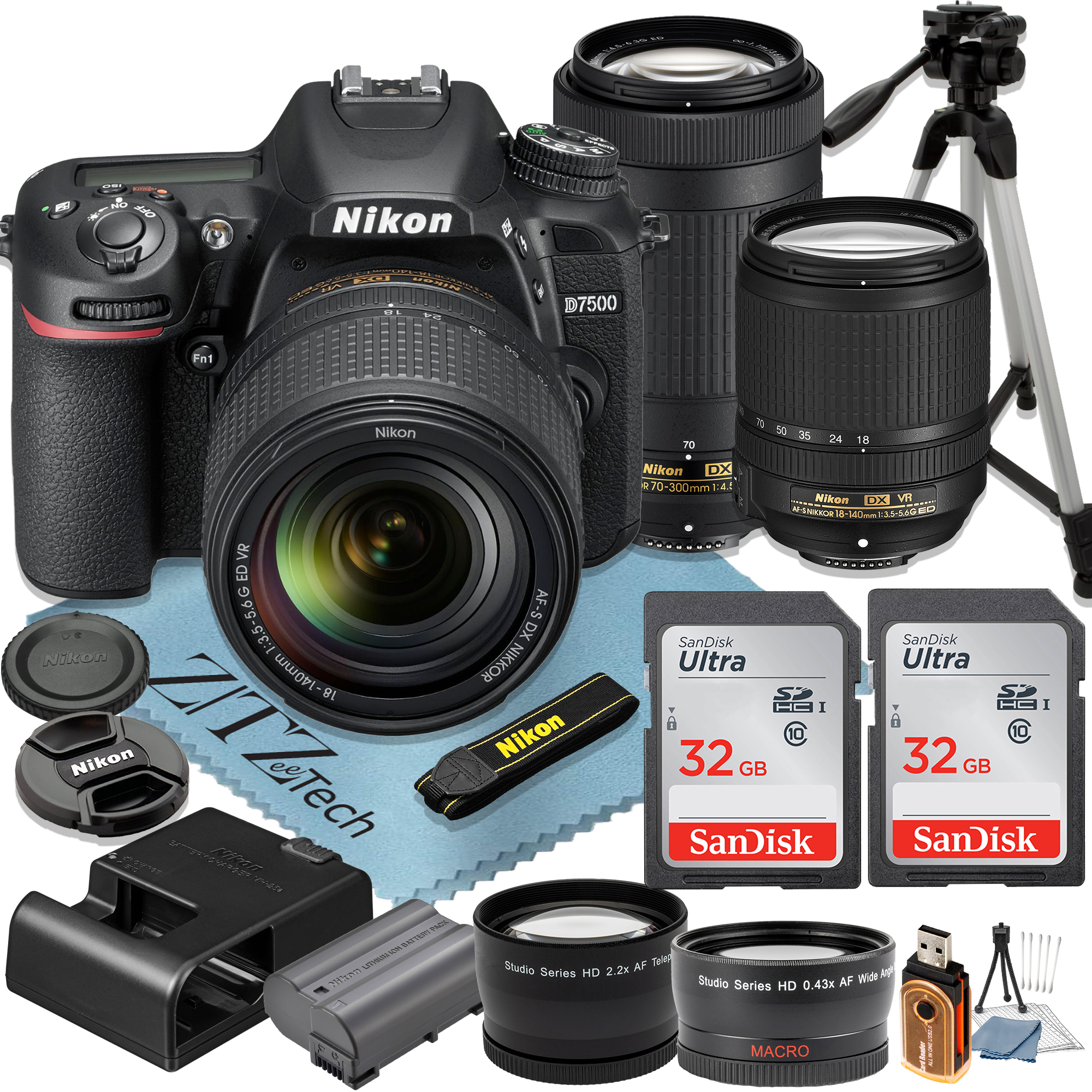 Nikon D7500 DSLR Camera with 18-140mm + 70-300mm Lens + 2 Pcs SanDisk 32GB Memory Cards + Tripod + Wideangle + ZeeTech Accessory Bundle