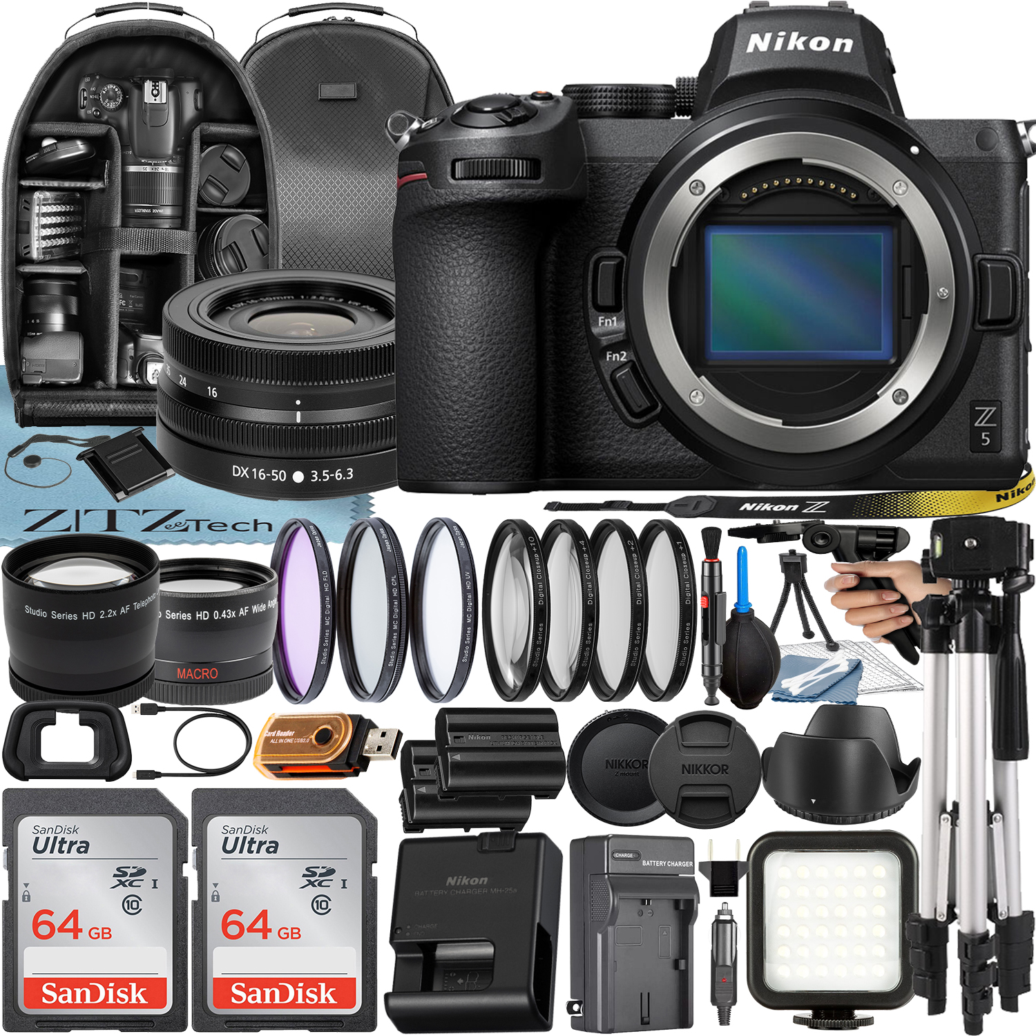 Nikon Z5 Mirrorless Camera with NIKKOR Z DX 16-50mm VR Lens + 2 Pack 64GB SanDisk Card + Case + Tripod + ZeeTech Accessory Bundle