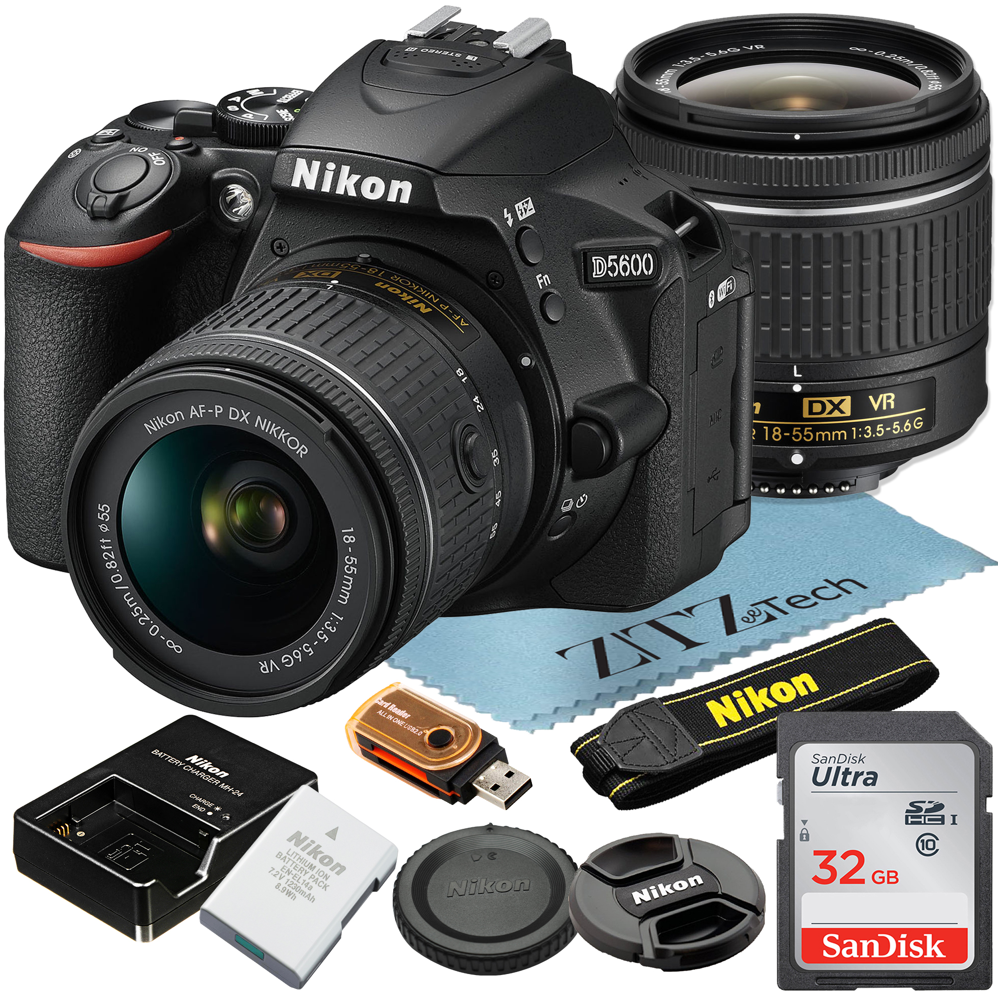 Nikon D5600 DSLR Camera 24.2MP DX-Format CMOS Sensor with AF-P 18-55mm Zoom Lens + SanDisk 32GB Memory Card + ZeeTech Accessory Bundle