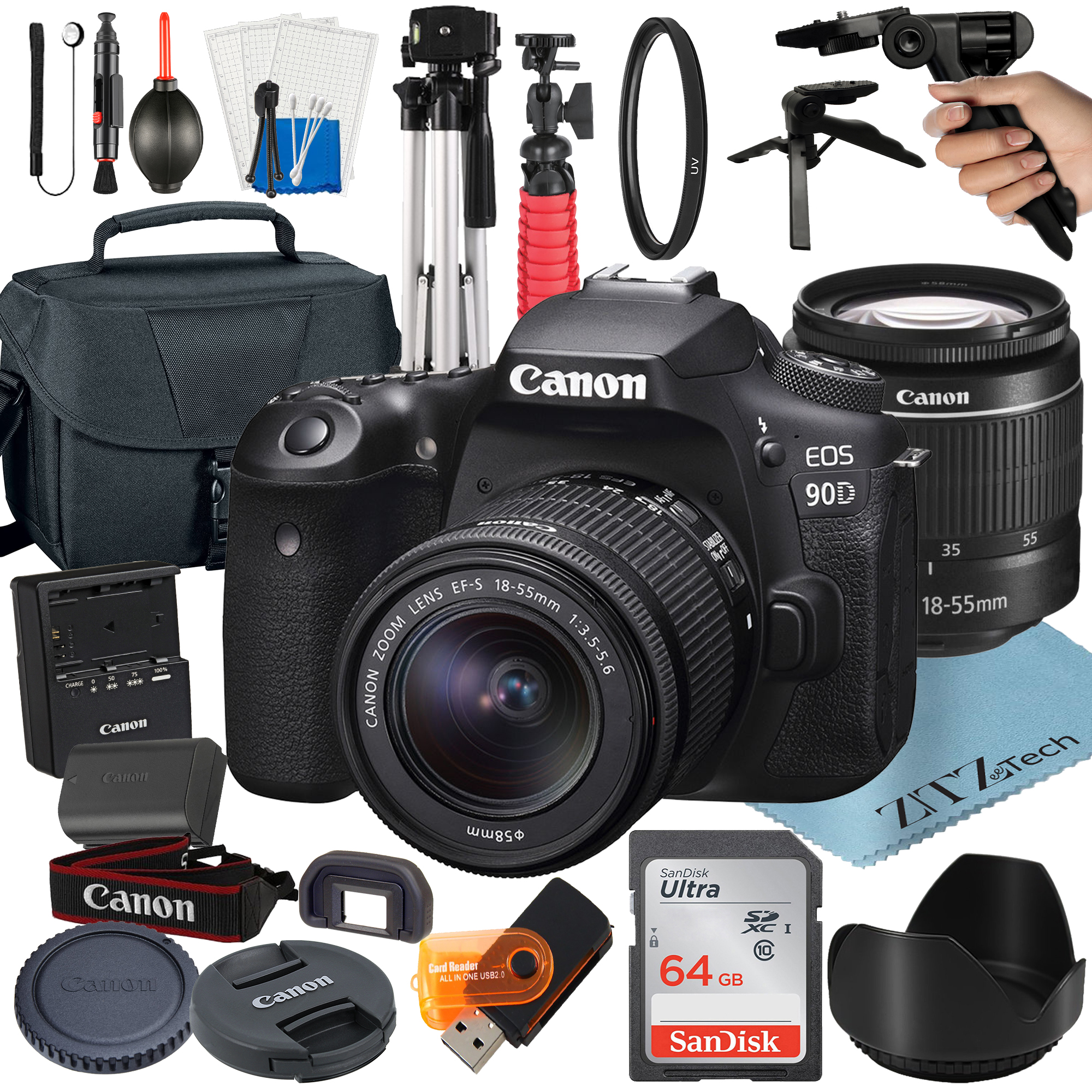 Canon EOS 90D DSLR Camera Bundle with 18-55mm Zoom Lens + 64GB SanDisk Card + Case + Tripod + ZeeTech Accessory