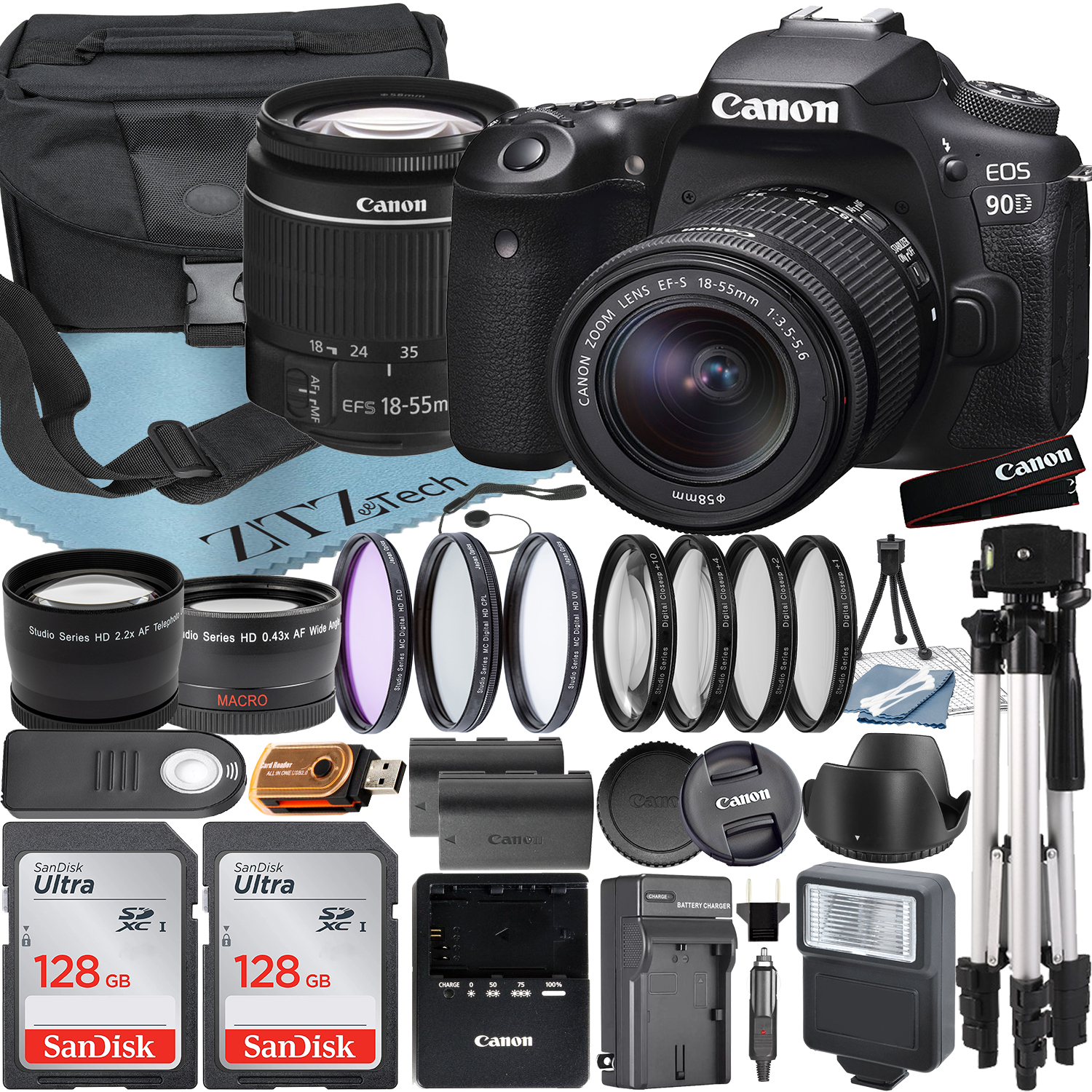 Canon EOS 90D DSLR Camera with 18-55mm Lens + SanDisk 128GB Card + Case + Telephoto + Tripod + ZeeTech Accessory Bundle