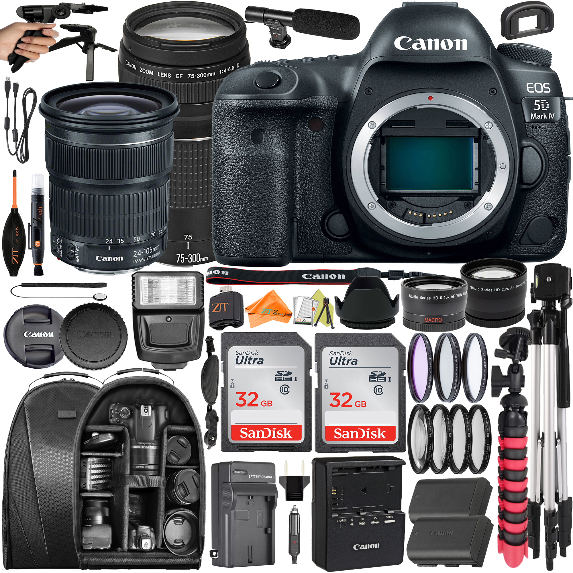 Canon EOS 5D Mark IV DSLR Camera with 24-105mm + 75-300mm Lens + 2 Pack SanDisk 32GB + Backpack + ZeeTech Accessory Bundle