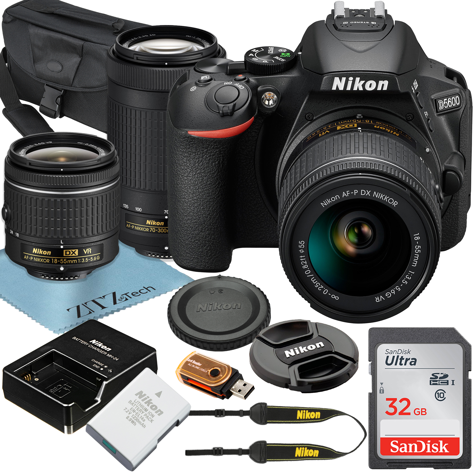 Nikon D5600 DSLR Camera 24.2MP DX-Format CMOS Sensor with NIKKOR AF-P 18-55mm Lens + SanDisk 32GB Memory Card + ZeeTech Accessory Bundle