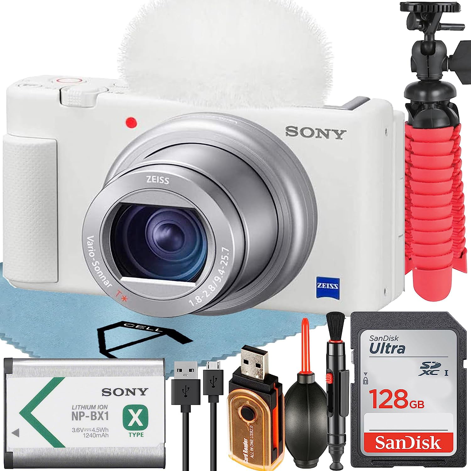 Sony ZV-1 Compact Digital Camera For Content Creators 4K HDR Video with Wind Screen + 128GB Memory Card + Tripod + ZeeTech Accessory Bundle (White)