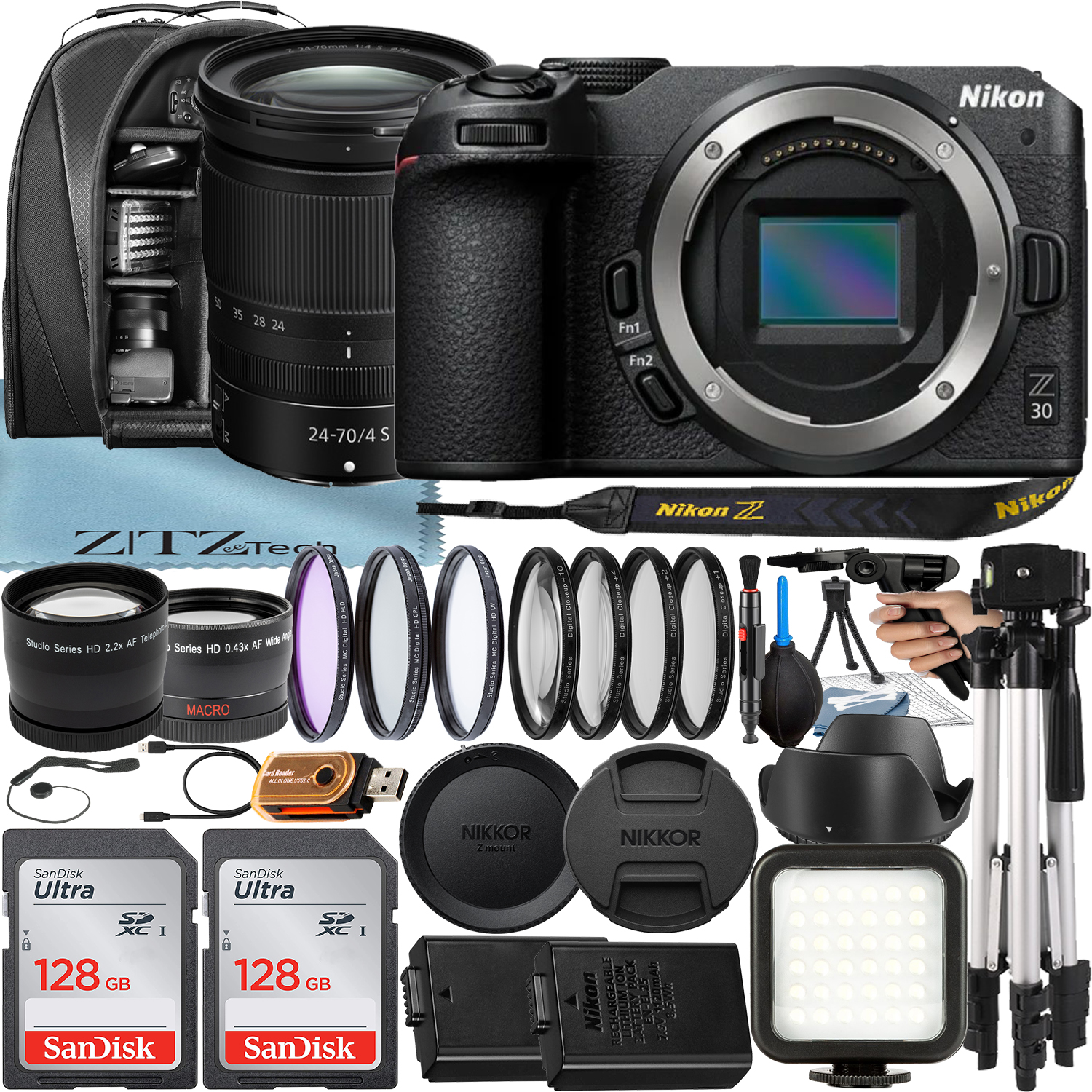 Nikon Z30 Mirrorless Camera with NIKKOR Z 24-70mm f/4 S Lens + 2 Pack 128GB SanDisk Card + Case + Tripod + ZeeTech Accessory Bundle