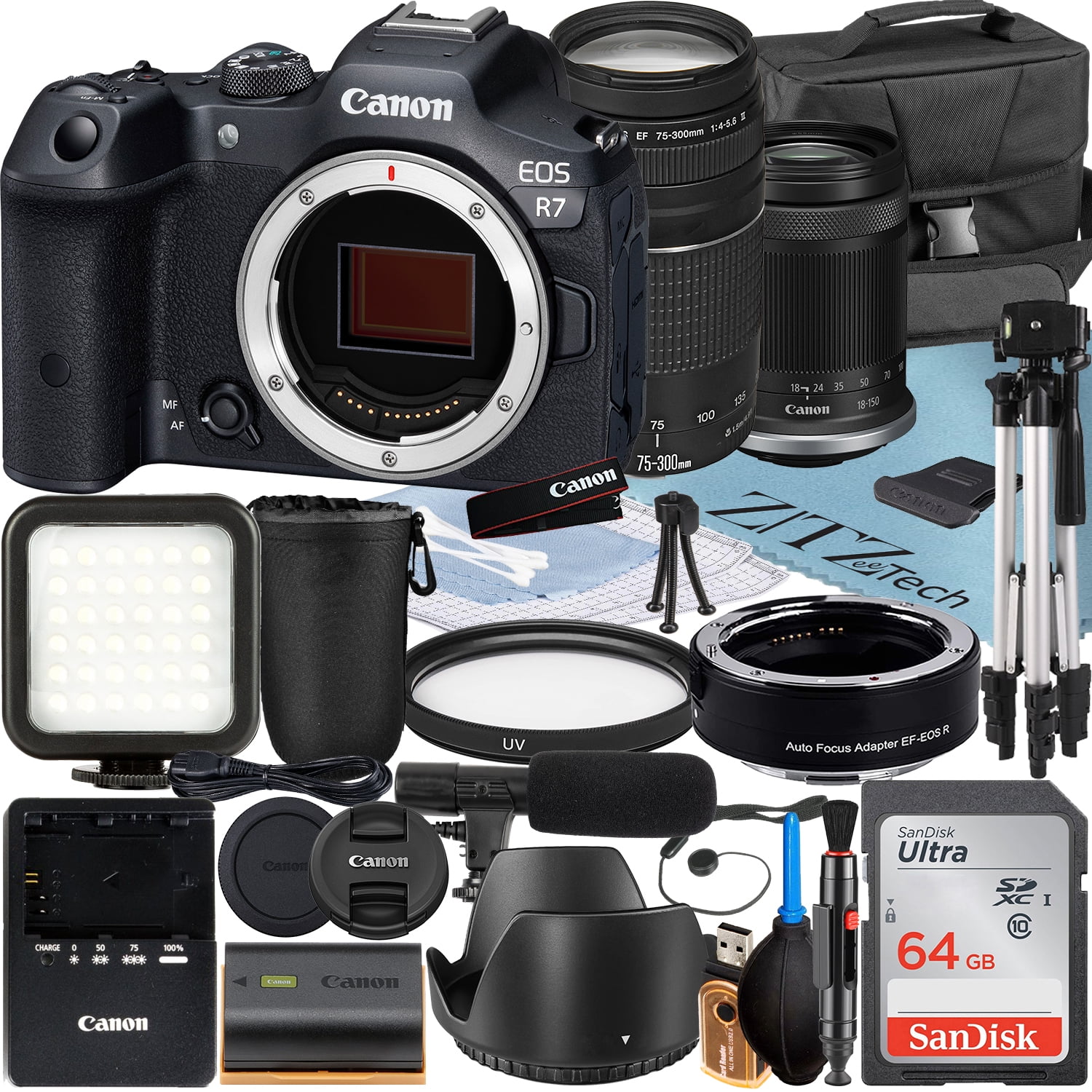 Canon EOS R7 Mirrorless Camera with RF-S 18-150mm + EF 75-300mm Lens + Mount Adapter + SanDisk 64GB Memory Card + Case + LED Flash + ZeeTech Accessory Bundle