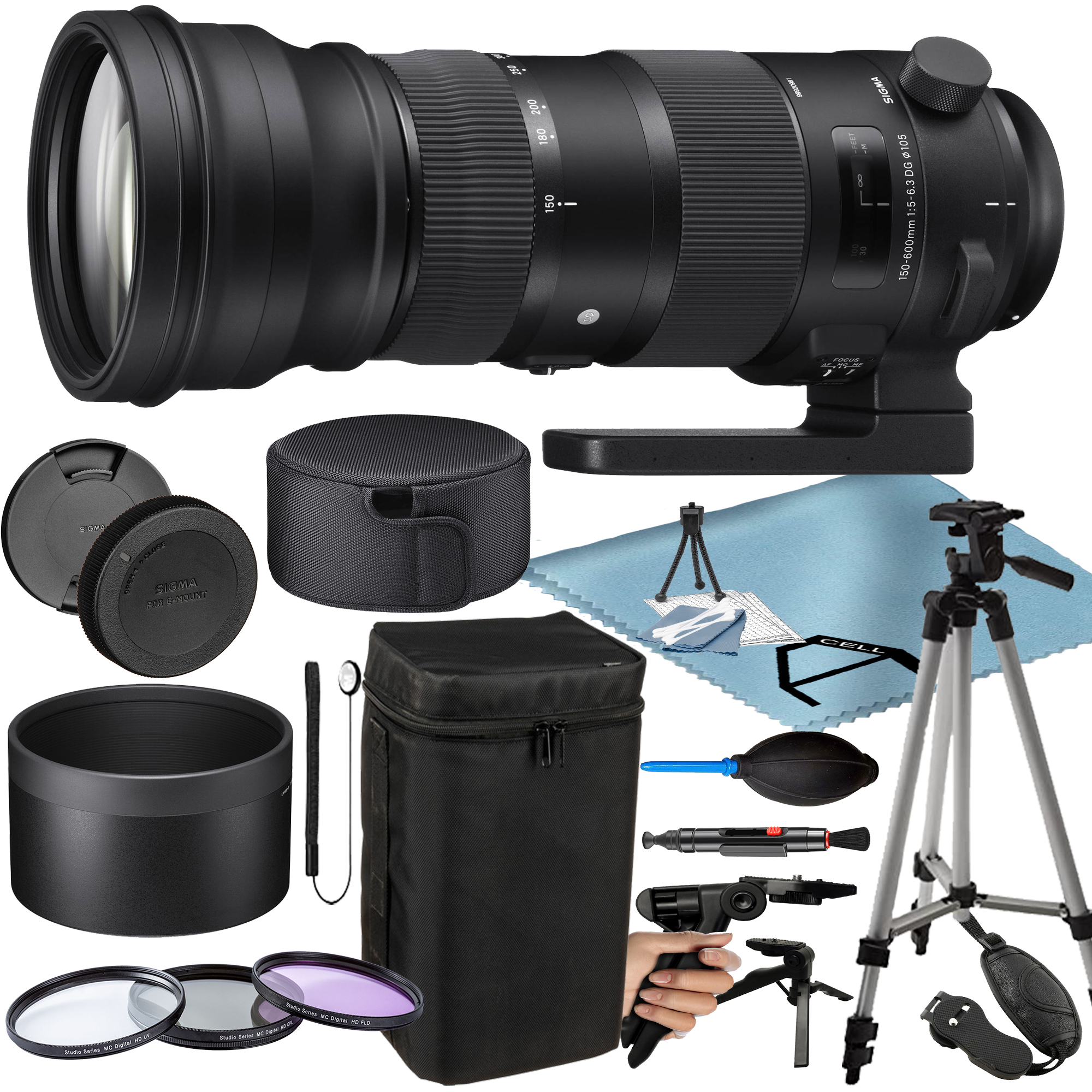 Sigma 150-600mm F/5-6.3 DG OS HSM Sports Lens for Nikon F with Tripod + 3 Pieces Filter + A-Cell Accessory Bundle