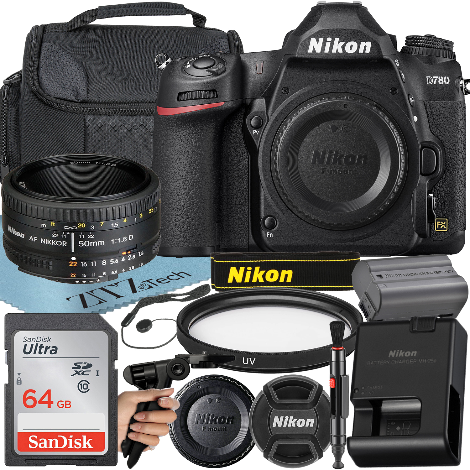 Nikon D780 DSLR Camera with AF NIKKOR 50mm f/1.8D Lens + SanDisk 64GB Memory Card + ZeeTech Accessory Bundl