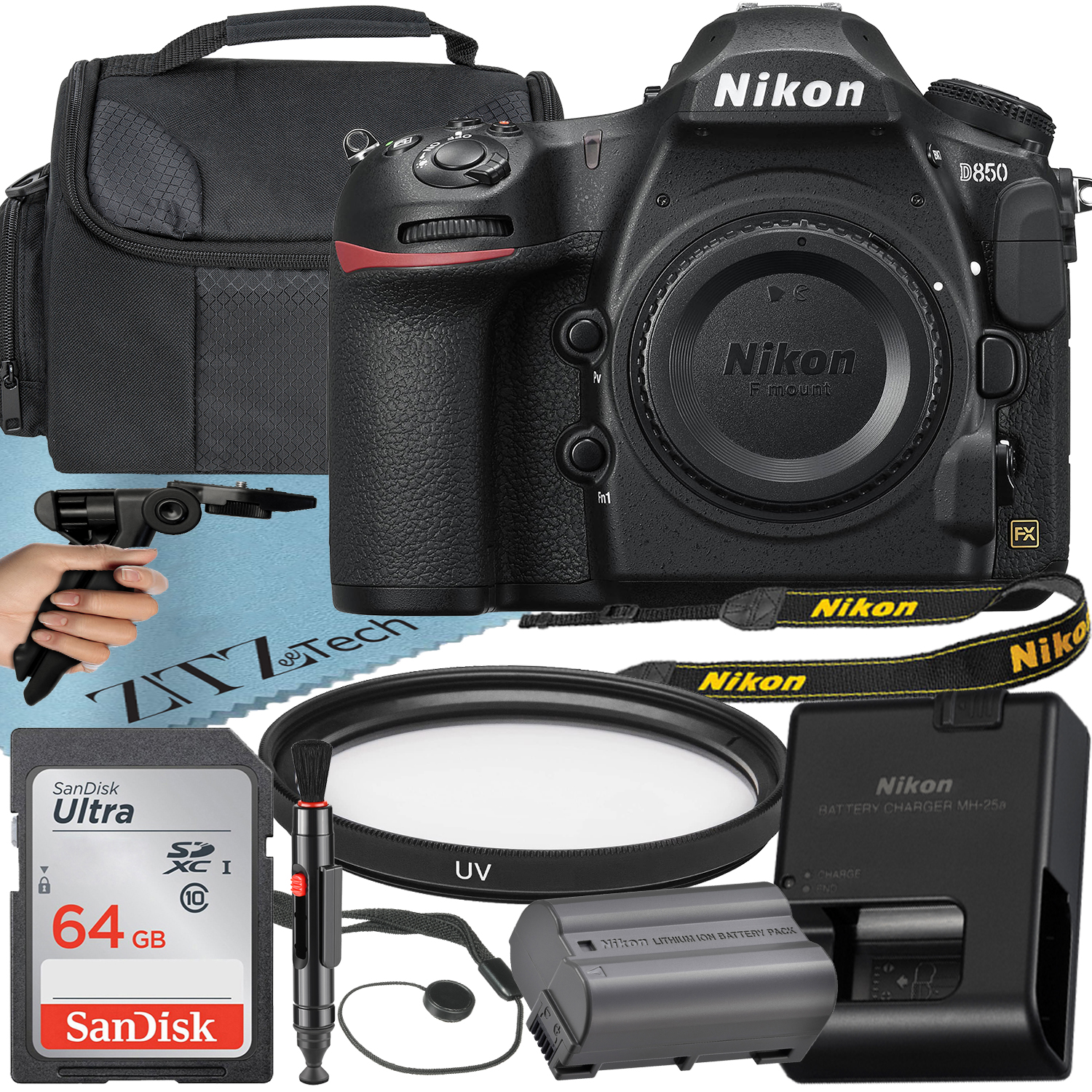 Nikon D850 DSLR Camera (Body Only) with 45.7MP FX-Format BSI CMOS Sensor + SanDisk 64GB Memory Card + ZeeTech Accessory Bundle