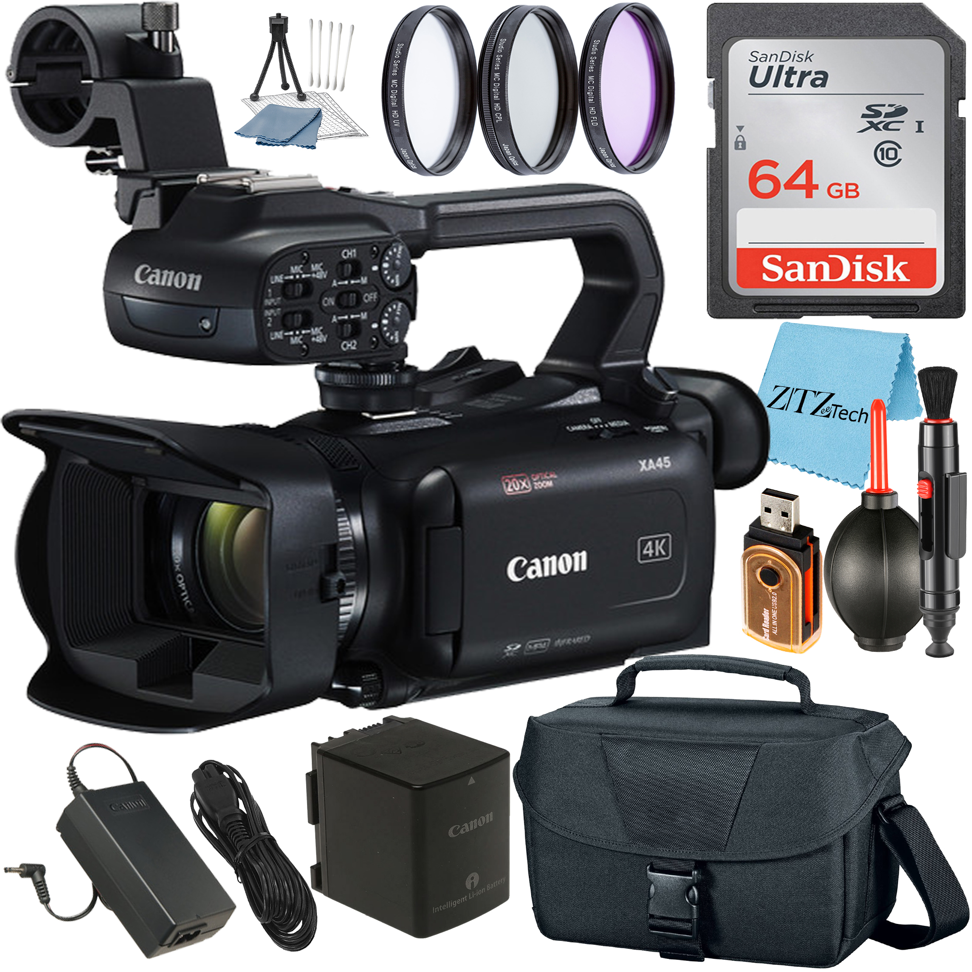 Canon XA45 Professional UHD 4K Video Camcorder with 64GB SanDisk Memory Card + Case + Filter + ZeeTech Accessory