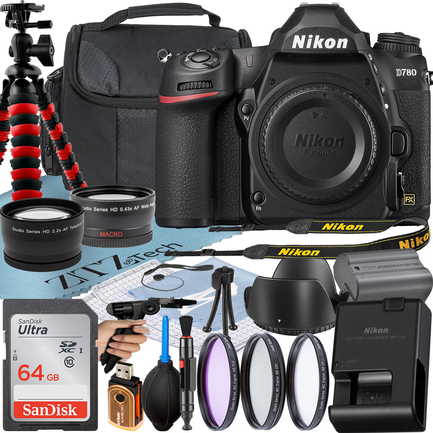 Nikon D780 DSLR Camera (Body Only) with 24.5MP FX-Format BSI CMOS Sensor + SanDisk 64GB Card + Case + 3 Pieces Filter + Flash + ZeeTech Accessory Bundle