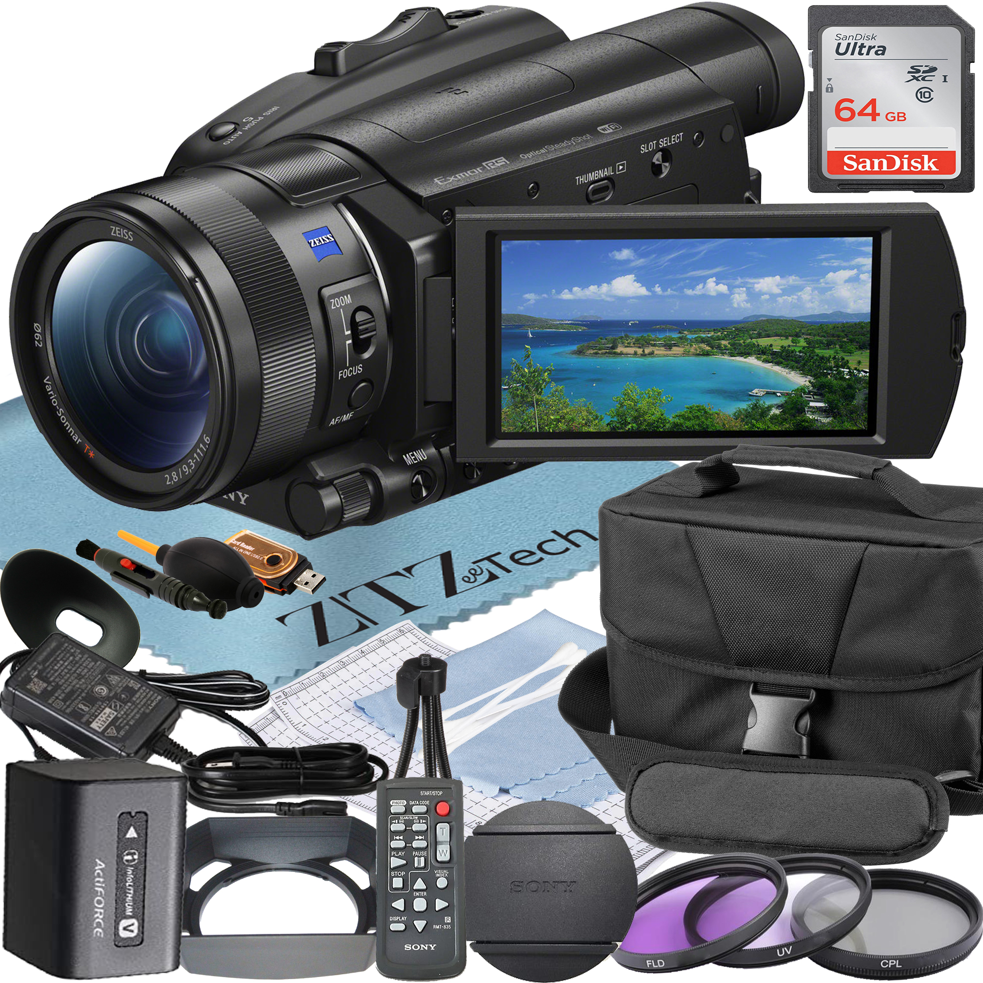 Sony FDR-AX700 4K HDR Camcorder with 64GB SanDisk Memory Card + Case + Filter Kit + ZeeTech Accessory Bundle