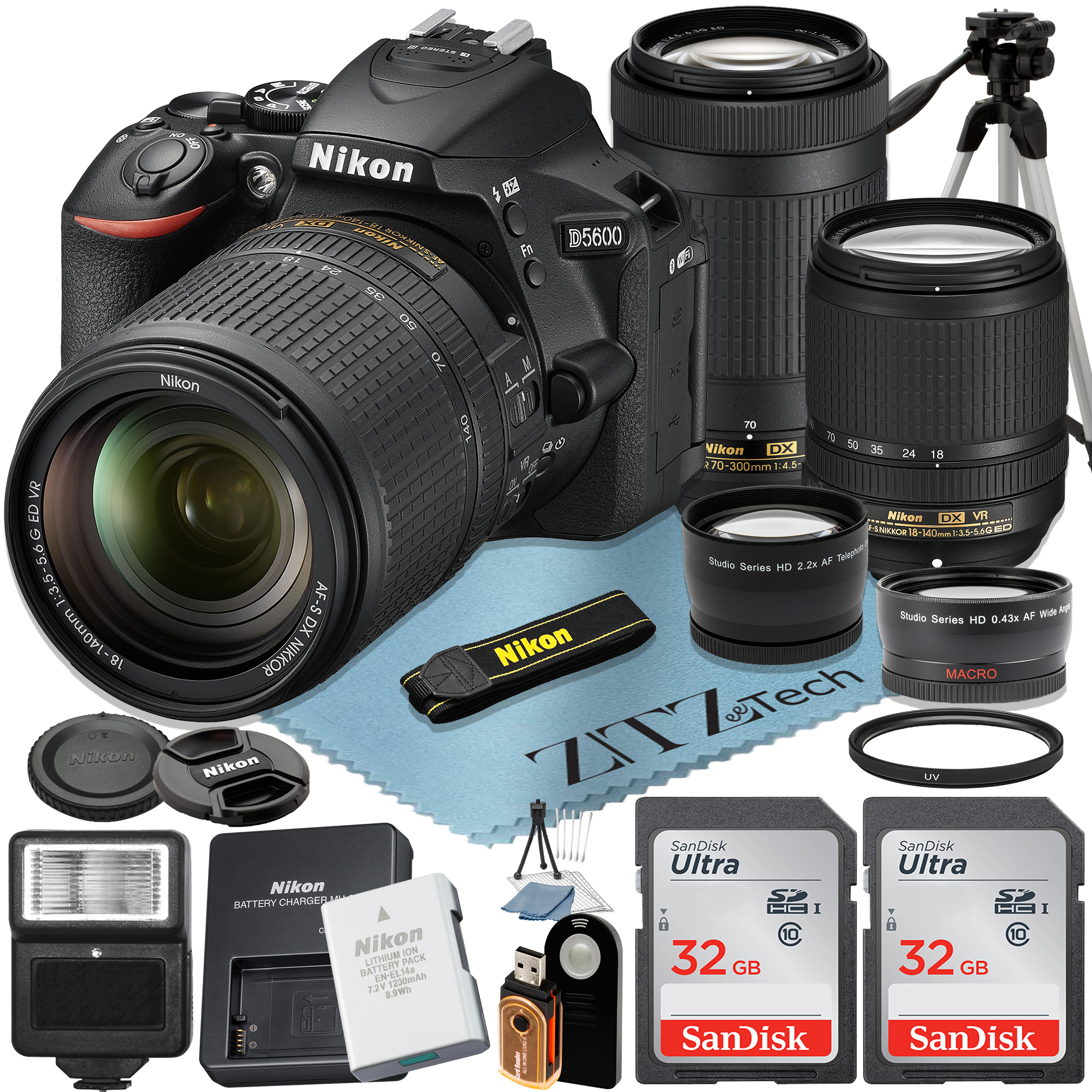 Nikon D5600 DSLR Camera 24.2MP with 18-140mm + 70-300mm Lens + 2 Pcs SanDisk 32GB Memory Card + Tripod + ZeeTech Accessory Bundle