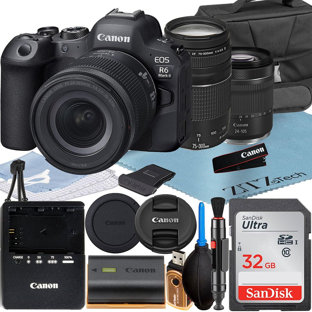 Canon EOS R6 Mark II Mirrorless Camera with RF 24-105mm Lens + EF 75-300mm + SanDisk 32GB Memory Card + Case + LED Flash + ZeeTech Accessory Bundle