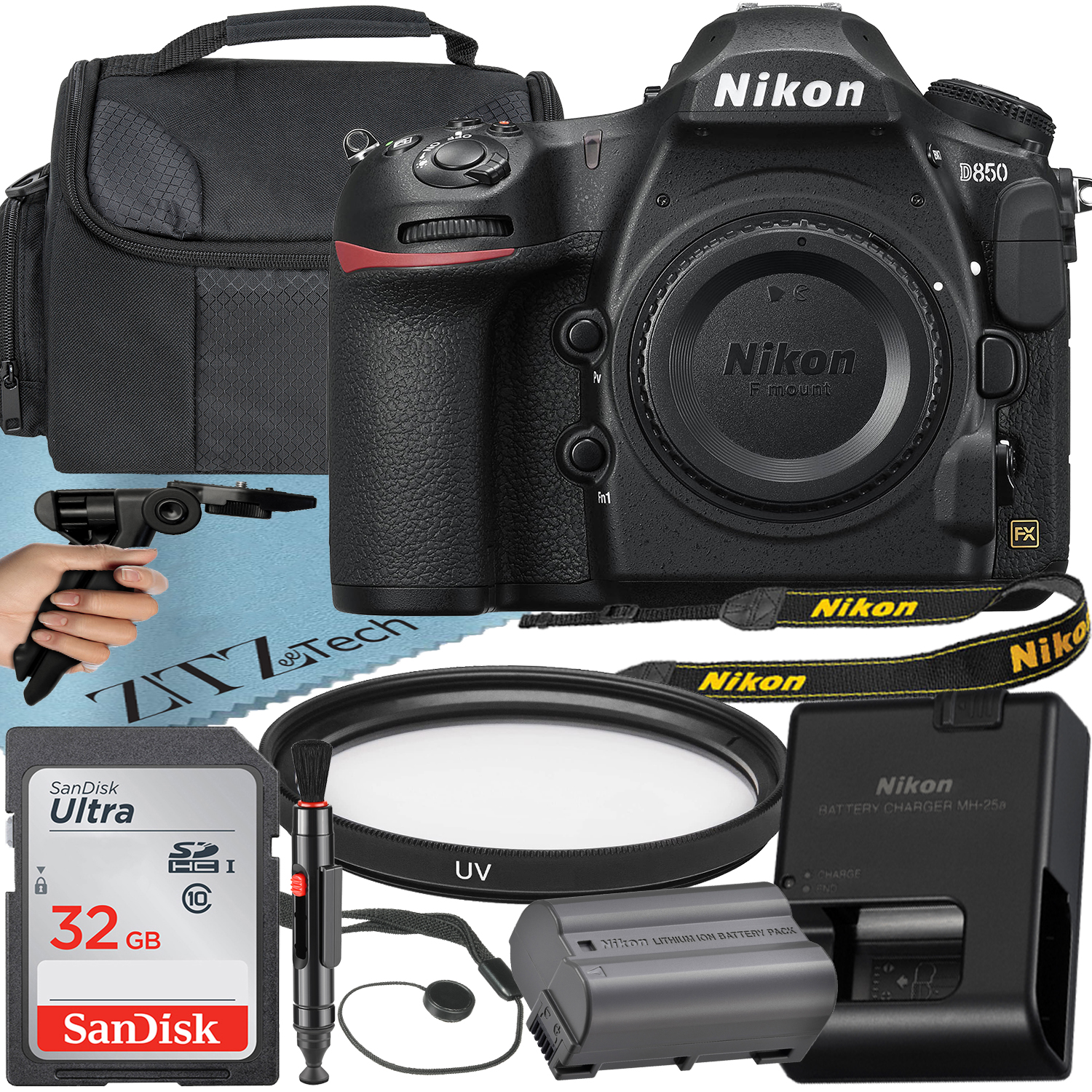 Nikon D850 DSLR Camera (Body Only) with 45.7MP FX-Format BSI CMOS Sensor + SanDisk 32GB Memory Card + ZeeTech Accessory Bundle