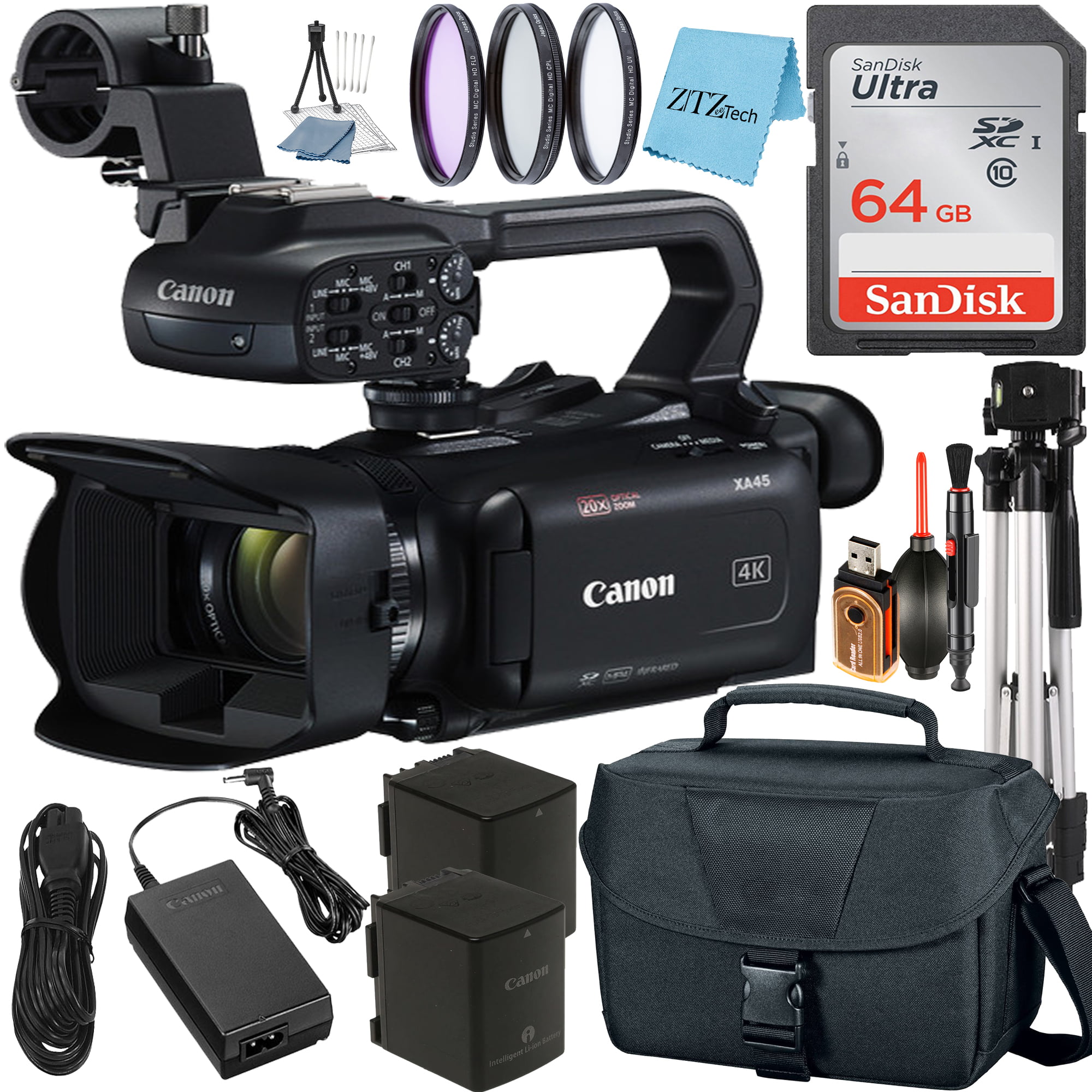 Canon XA45 Professional UHD 4K Video Camcorder with 64GB SanDisk Card + Case + Tripod + Filter + ZeeTech Accessory