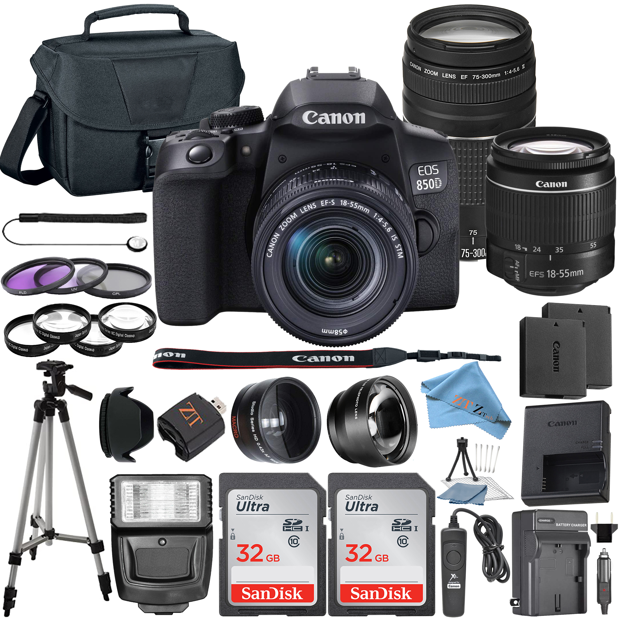 Canon EOS 850D / Rebel T8i DSLR Camera Bundle with 18-55mm + 75-300mm Lens + 2 Pcs SanDisk 32GB Memory Cards + Tripod + Deluxe Camera Case + Flash + ZeeTech Accessory Kit