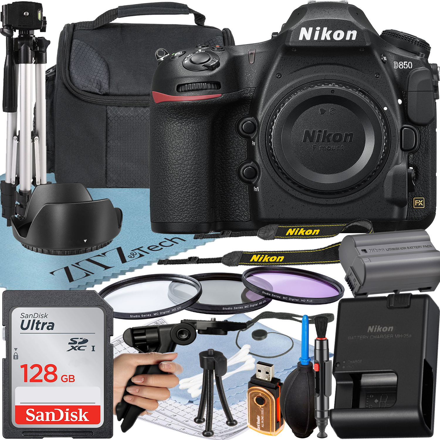 Nikon D850 DSLR Camera (Body Only) with 45.7MP FX-Format BSI CMOS Sensor + SanDisk 128GB Memory Card + Case + UV Filter + ZeeTech Accessory Bundle