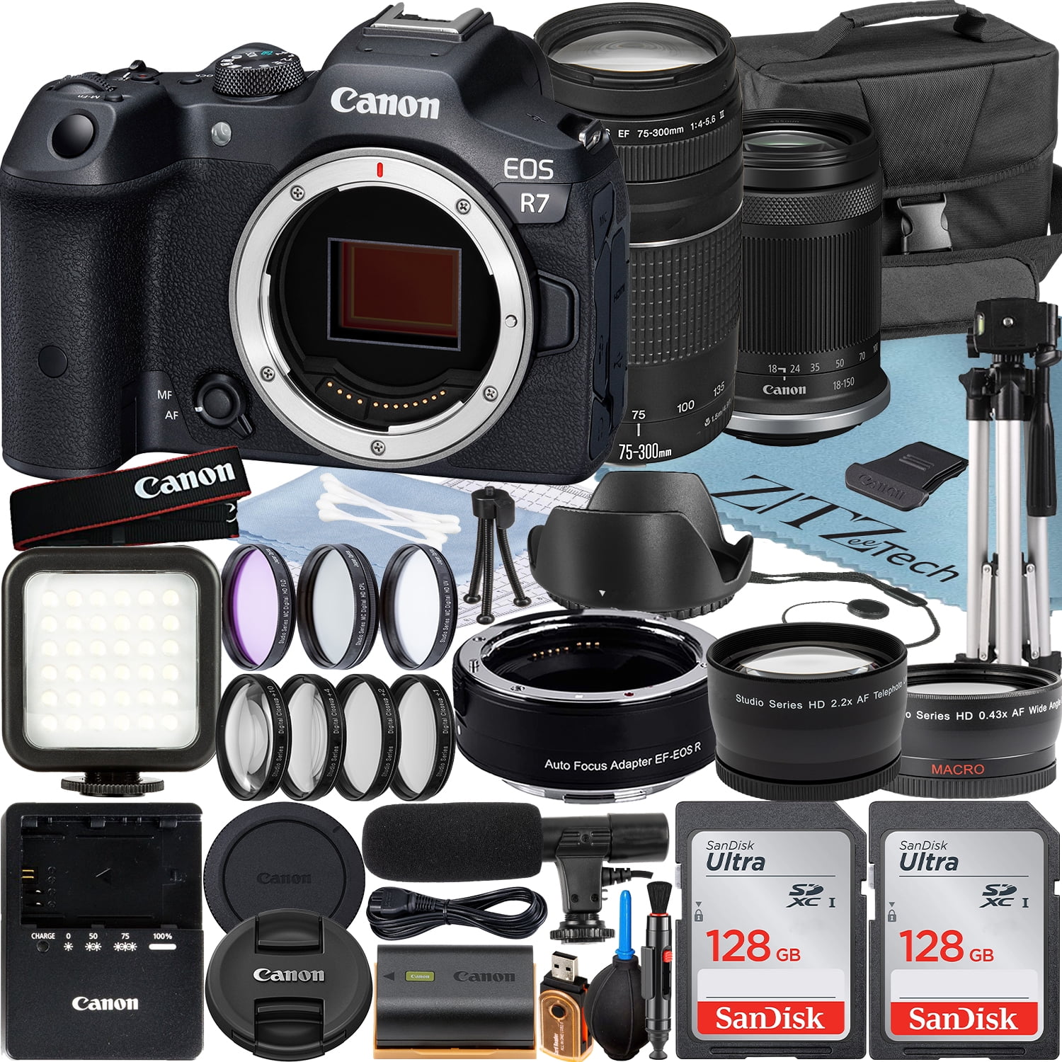 Canon EOS R7 Mirrorless Camera with RF-S 18-150mm + EF 75-300mm Lens + Mount Adapter + 2 Pack SanDisk 128GB Memory Card + Case + ZeeTech Accessory