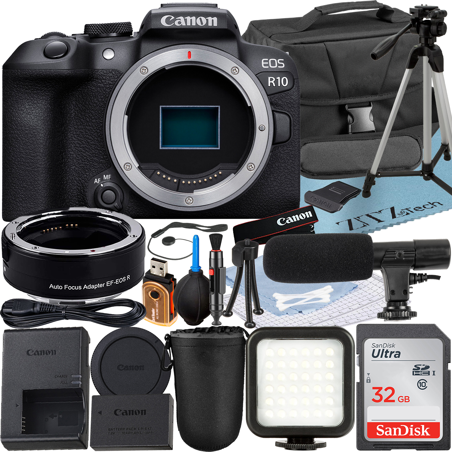 Canon EOS R10 Mirrorless Camera (Body) with Mount Adapter + SanDisk 32GB Memory Card + Case + LED Flash + ZeeTech Accessory Bundle