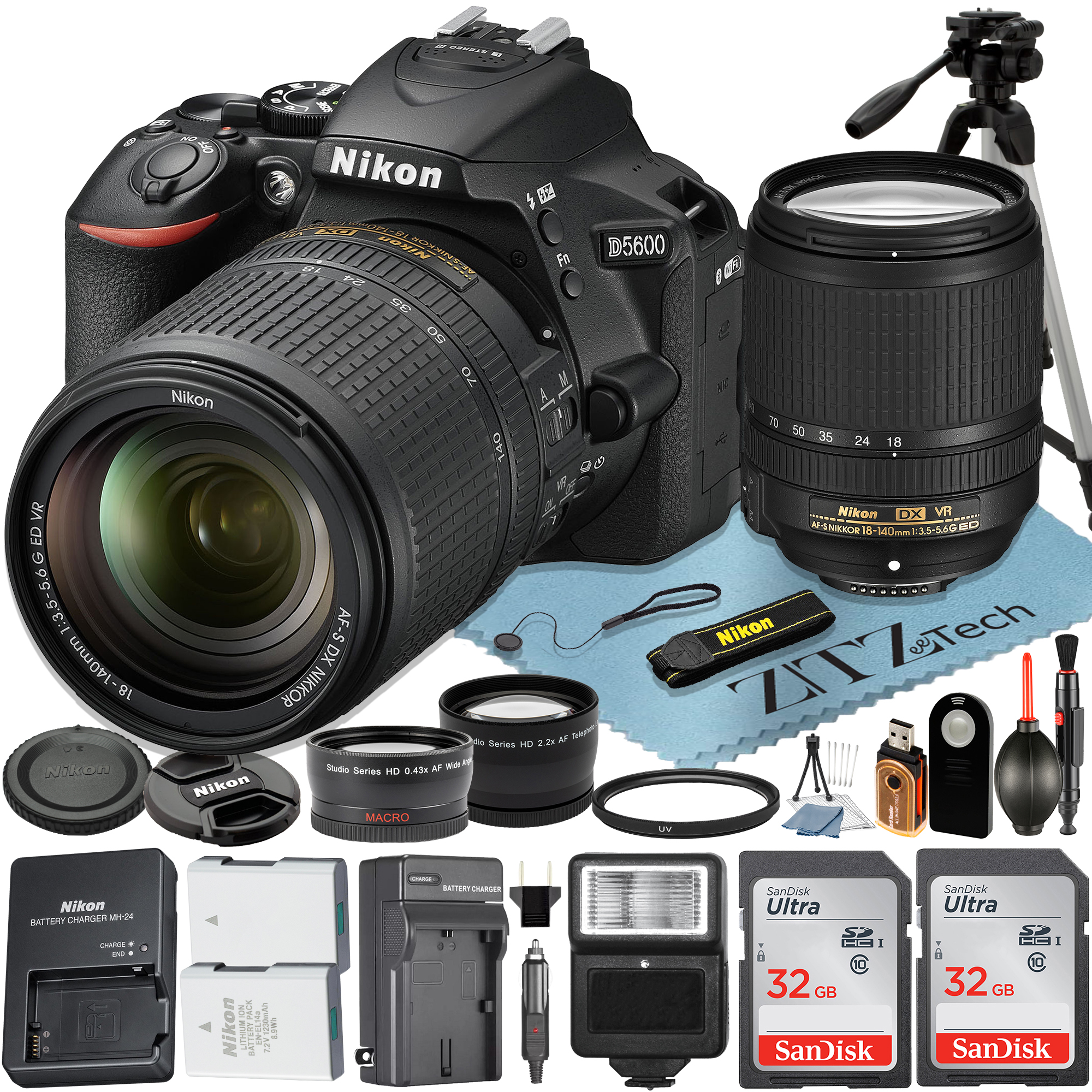 Nikon D5600 DSLR Camera with 18-140mm Lens + 2 Pcs SanDisk 32GB Memory Card + Wideangle + Flash + Tripod + ZeeTech Accessory Bundle