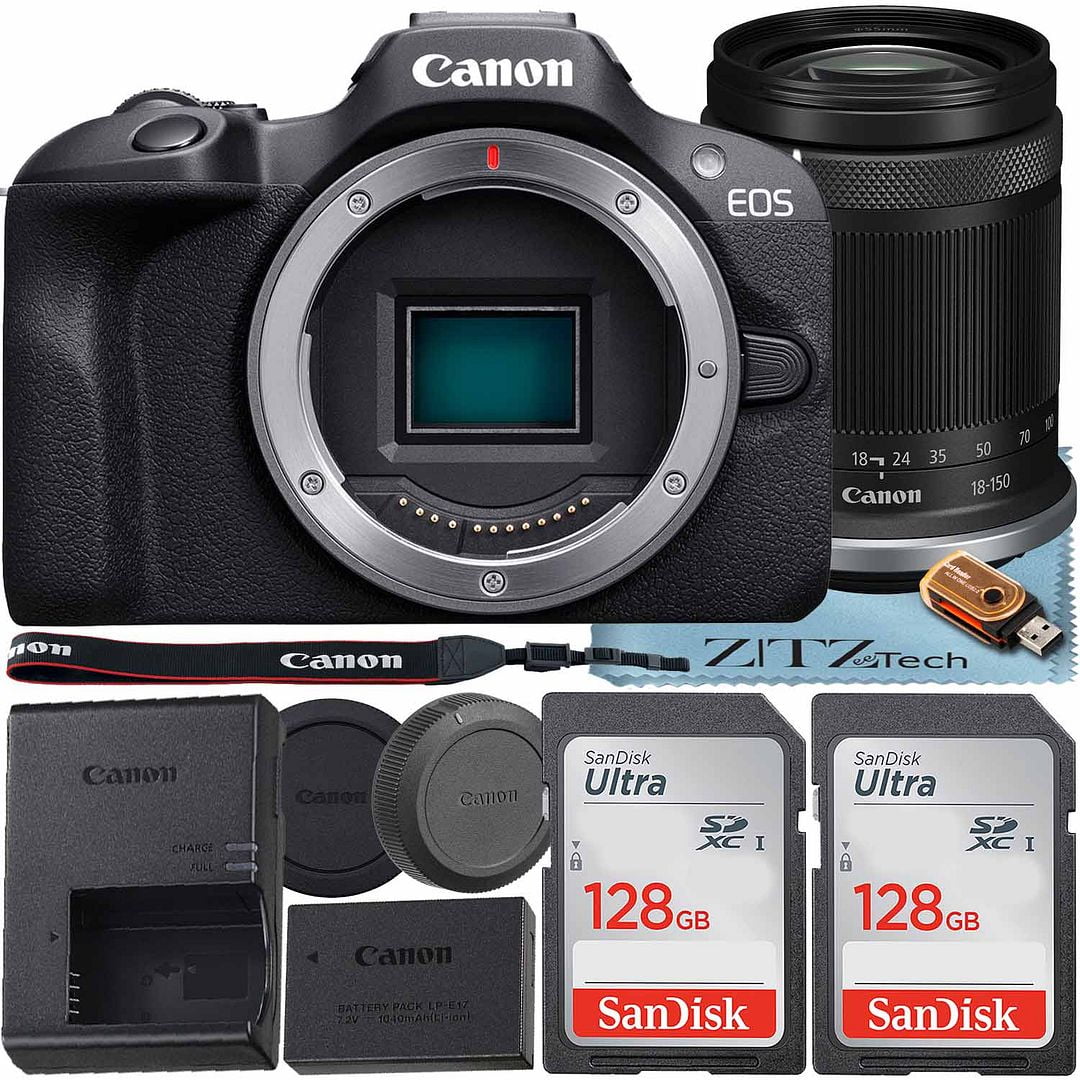 Canon EOS R100 Mirrorless Camera with RF-S 18-150mm f/3.5-6.3 IS STM Lens + 2 Pack SanDisk 128GB Memory Card + ZeeTech Accessory Bundle