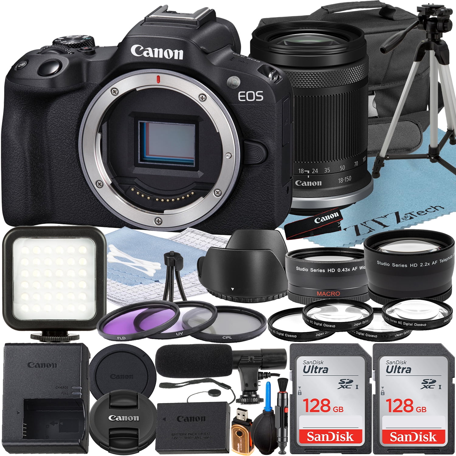 Canon EOS R50 Mirrorless Camera with RF-S 18-150mm Lens + 2 Pack SanDisk 128GB Memory Card + Case + ZeeTech Accessory